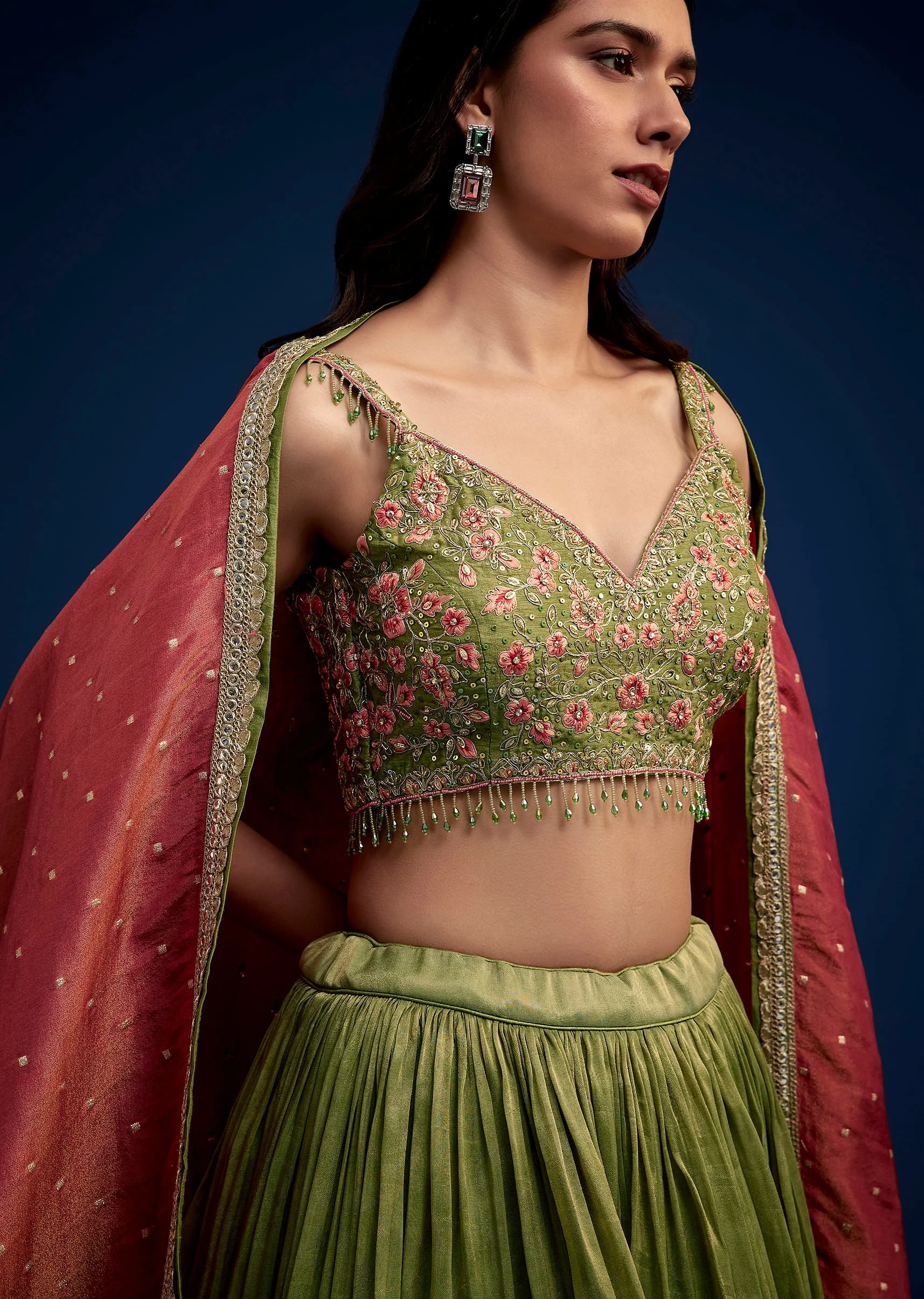 Rust Green Embroidered Lehenga Choli Set With Dupatta - Image 4
