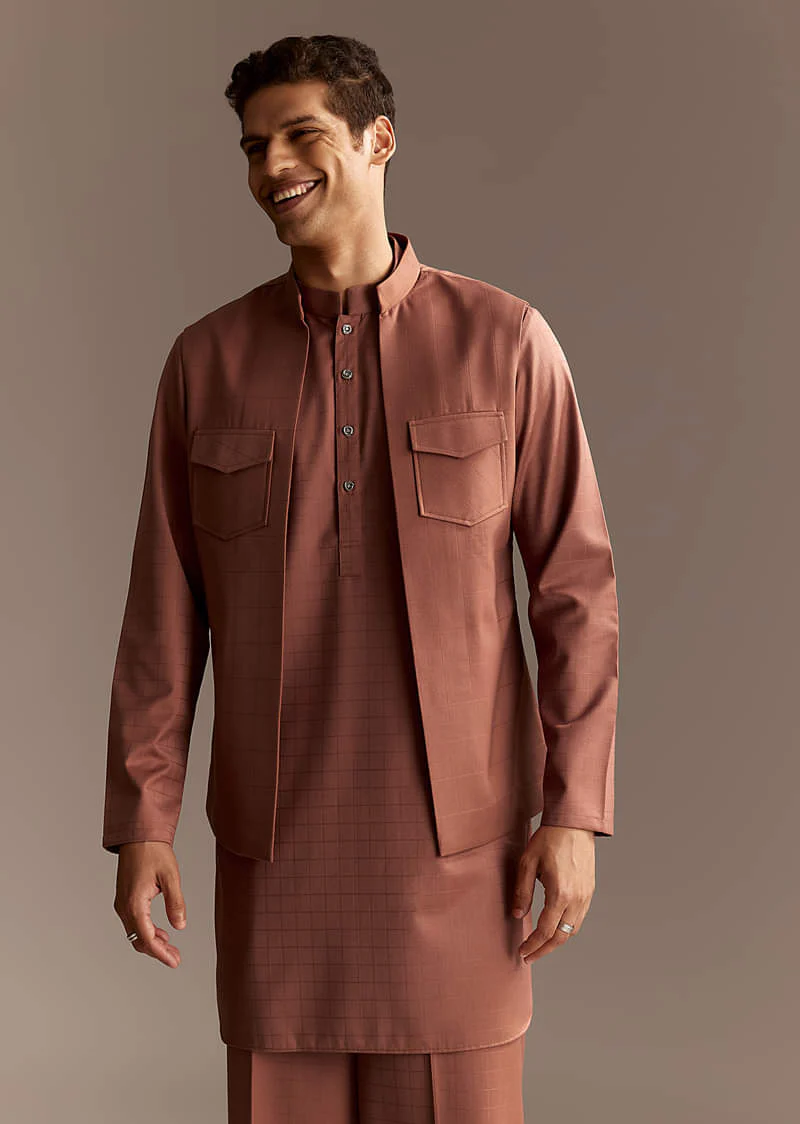 Rust Kurta Jacket Set With Palazzo Pants