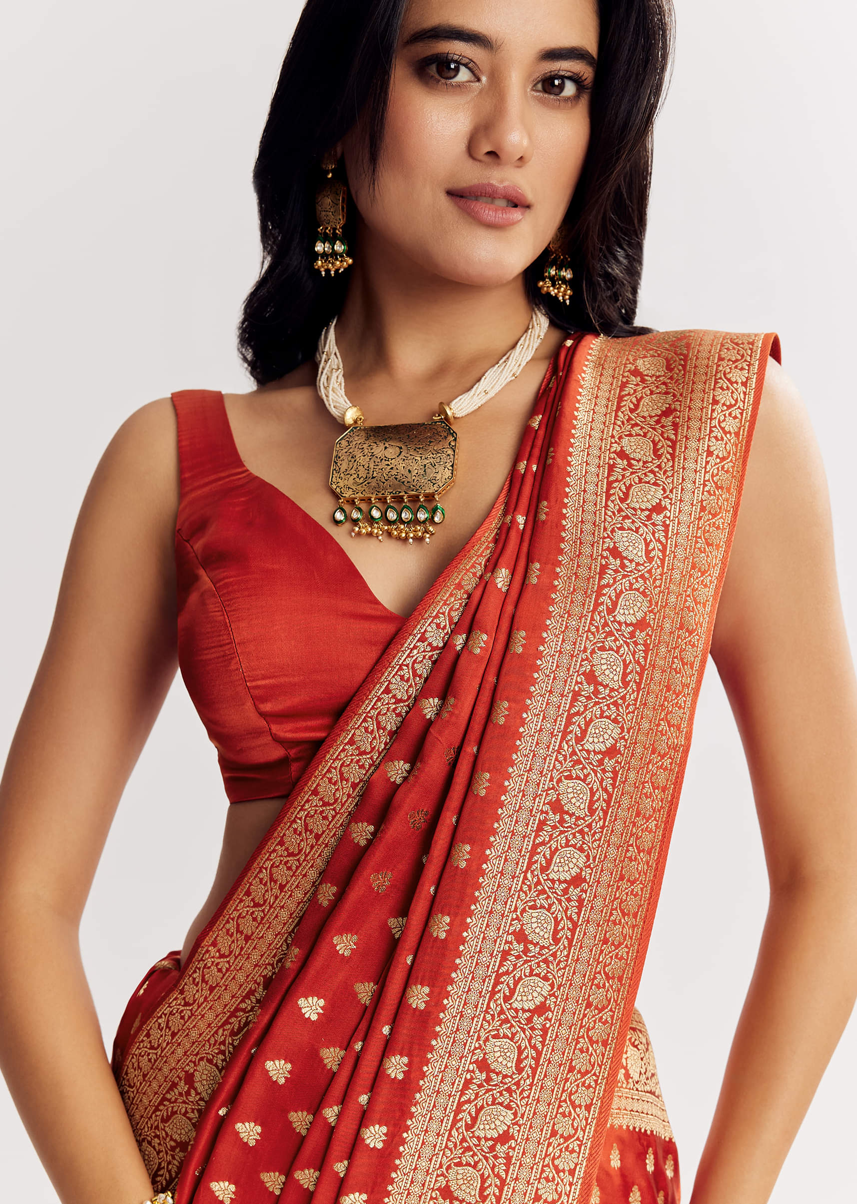 Rust Orange Dola Silk Saree With Butti And Woven Border - Image 2
