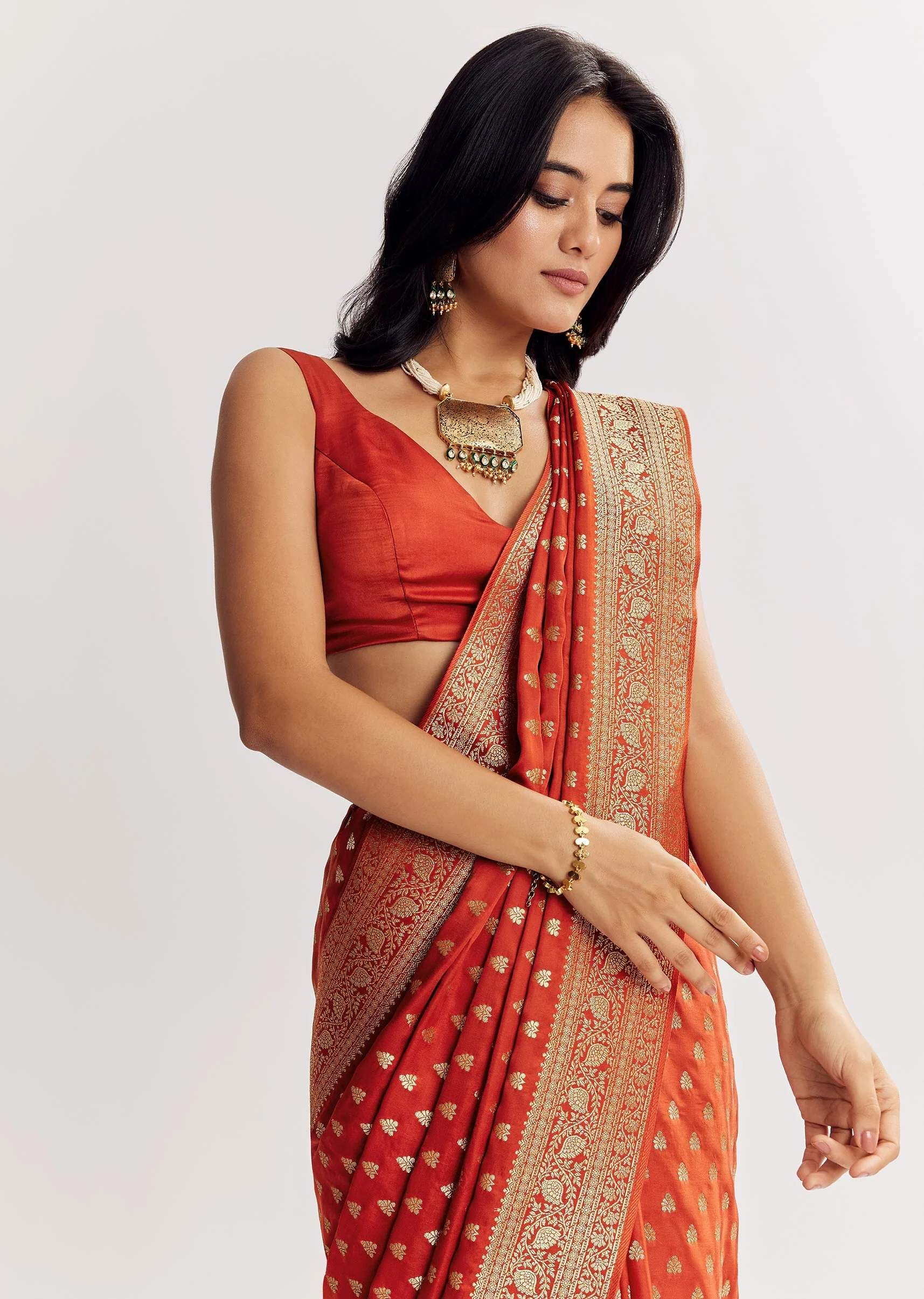Rust Orange Dola Silk Saree With Butti And Woven Border - Image 3