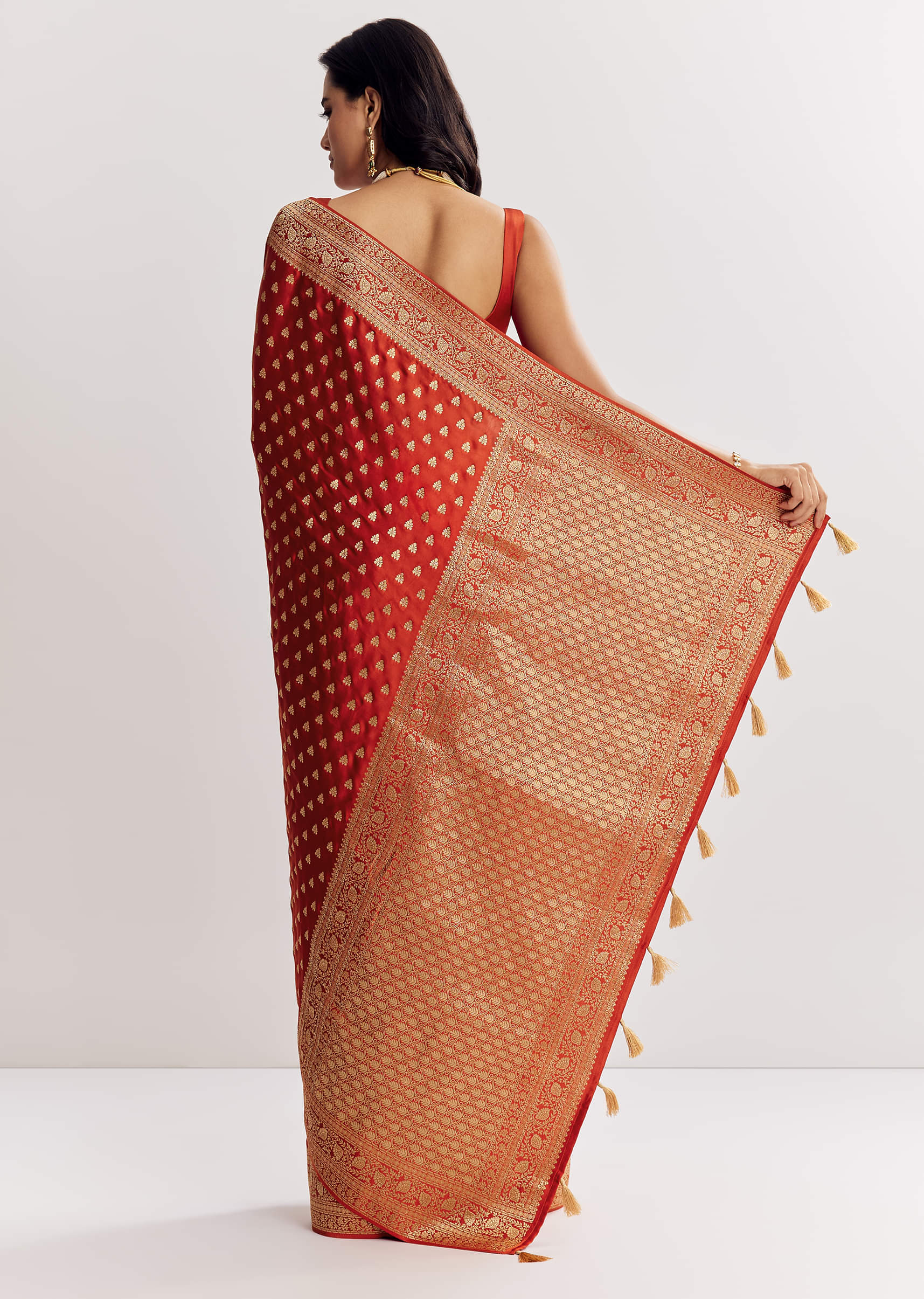 Rust Orange Dola Silk Saree With Butti And Woven Border - Image 4