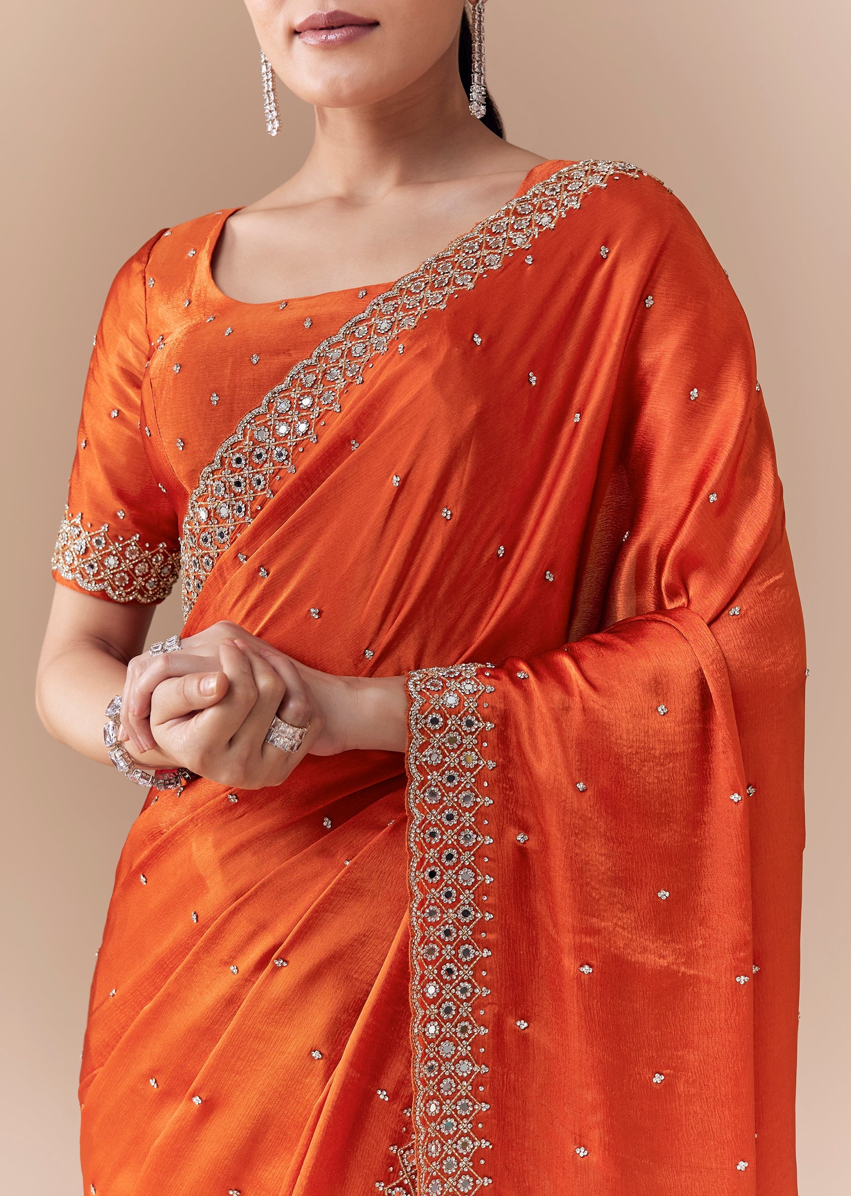 Rust Orange Embroidered Border Saree with Blouse Fabric - Image 2