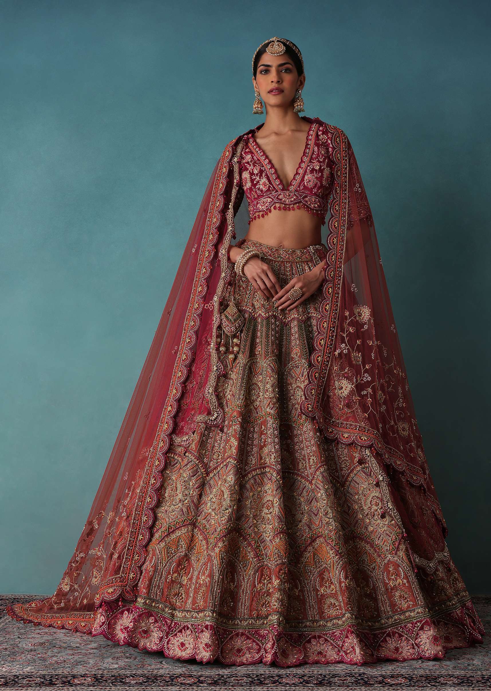 Rust Orange Embroidered Bridal Lehenga Set With Aari Work - Image 3