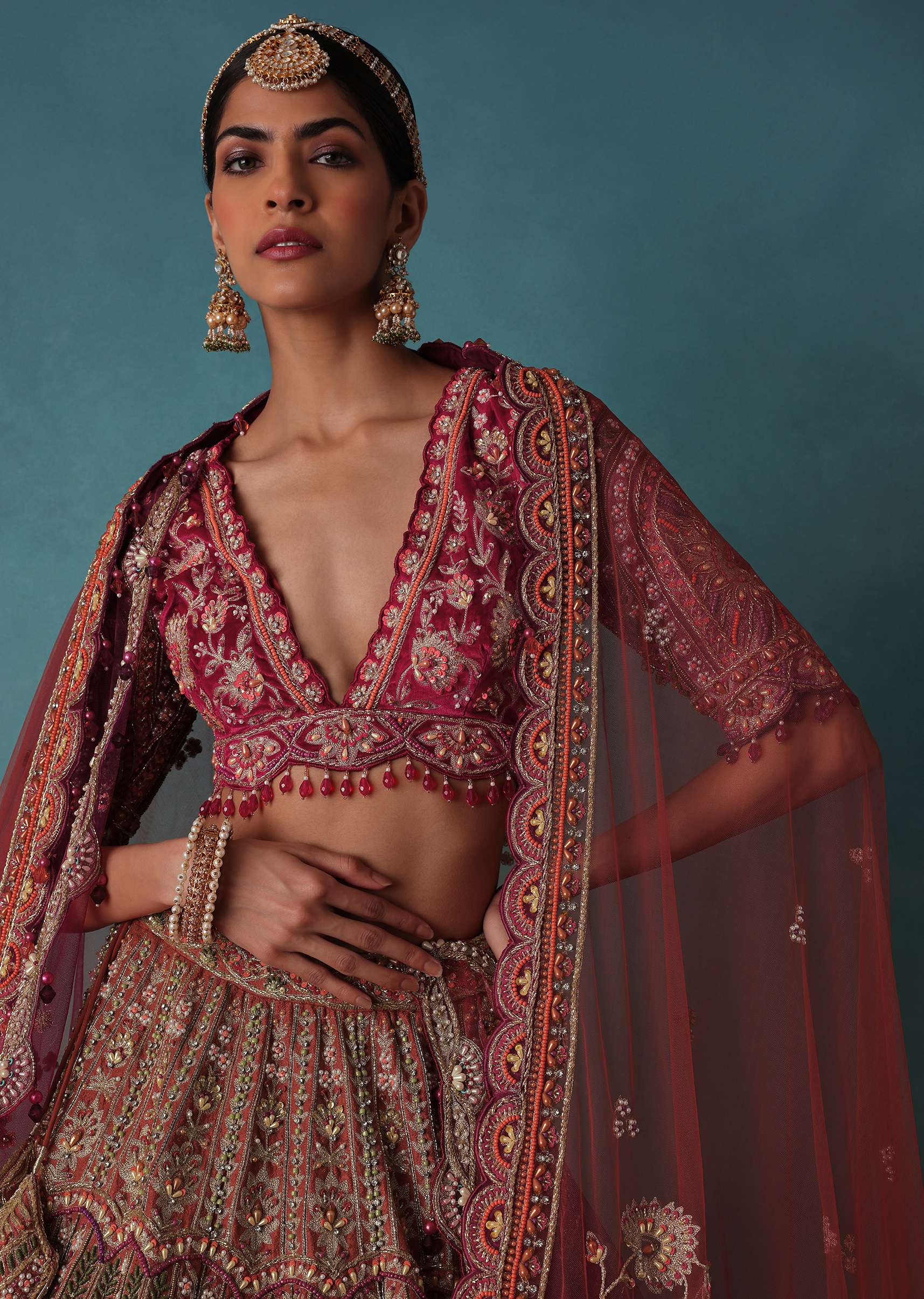 Rust Orange Embroidered Bridal Lehenga Set With Aari Work - Image 4