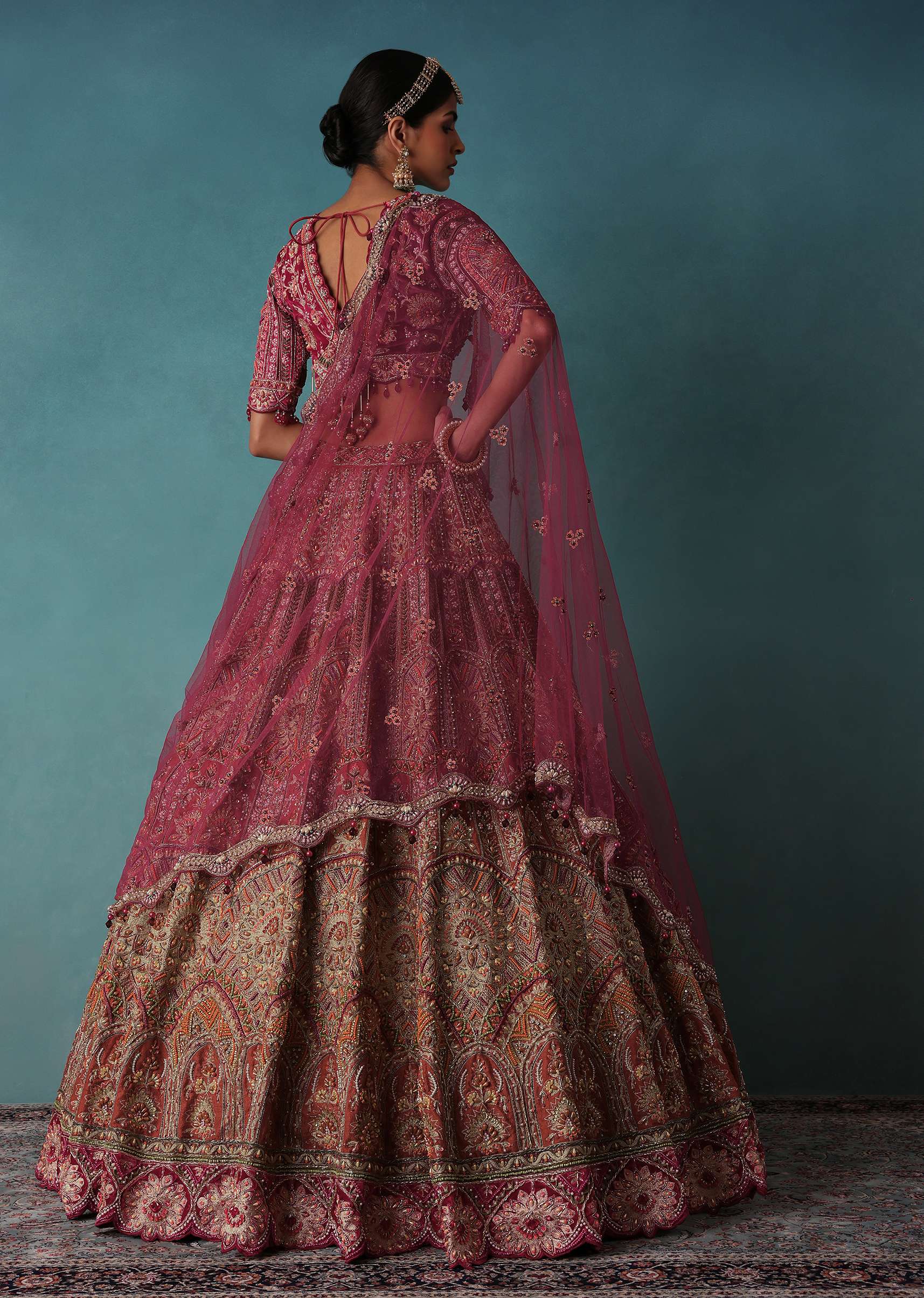 Rust Orange Embroidered Bridal Lehenga Set With Aari Work - Image 5