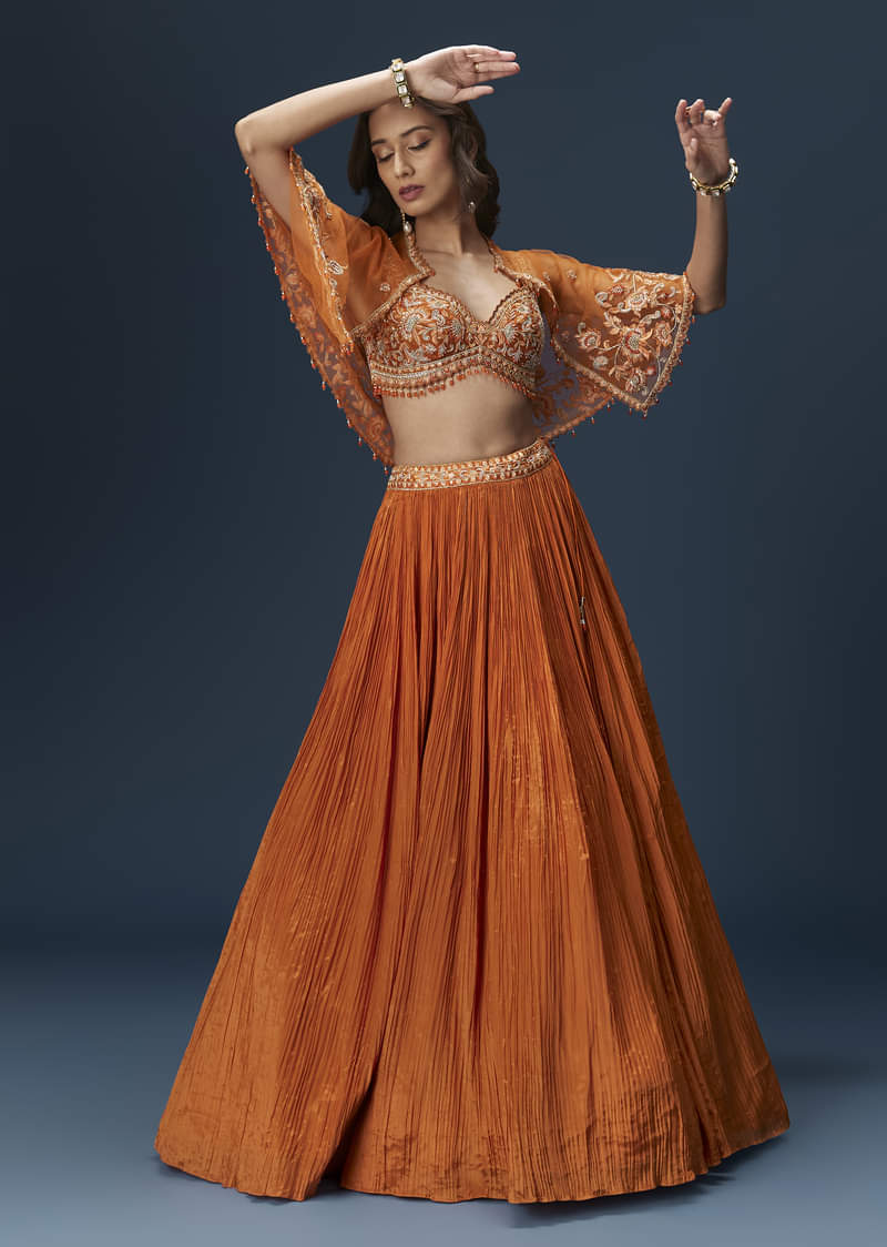 Rust Orange Embroidered Lehenga With Dramatic Cape And Blouse - Image 3
