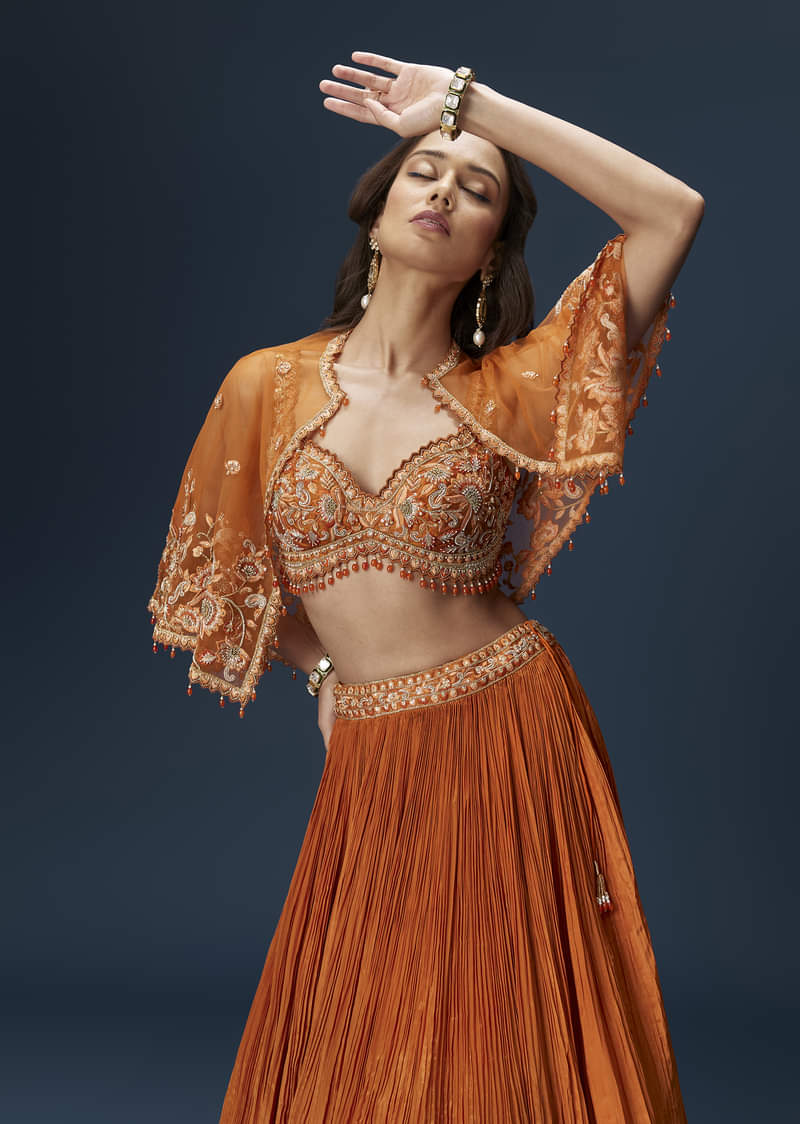Rust Orange Embroidered Lehenga With Dramatic Cape And Blouse - Image 4