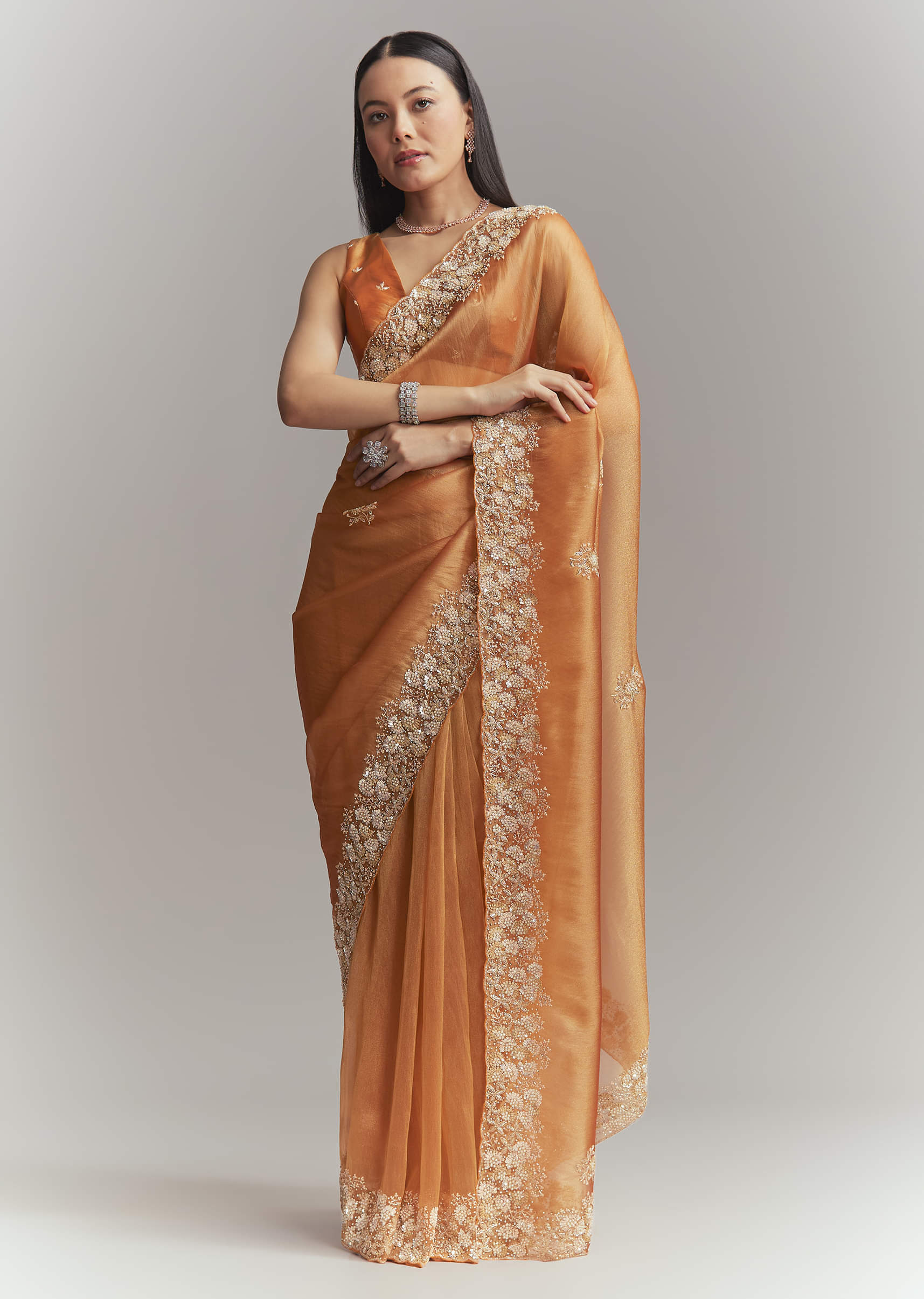 Rust Orange Georgette Embroidered Saree With Heavy Hand Embroidery - Image 10