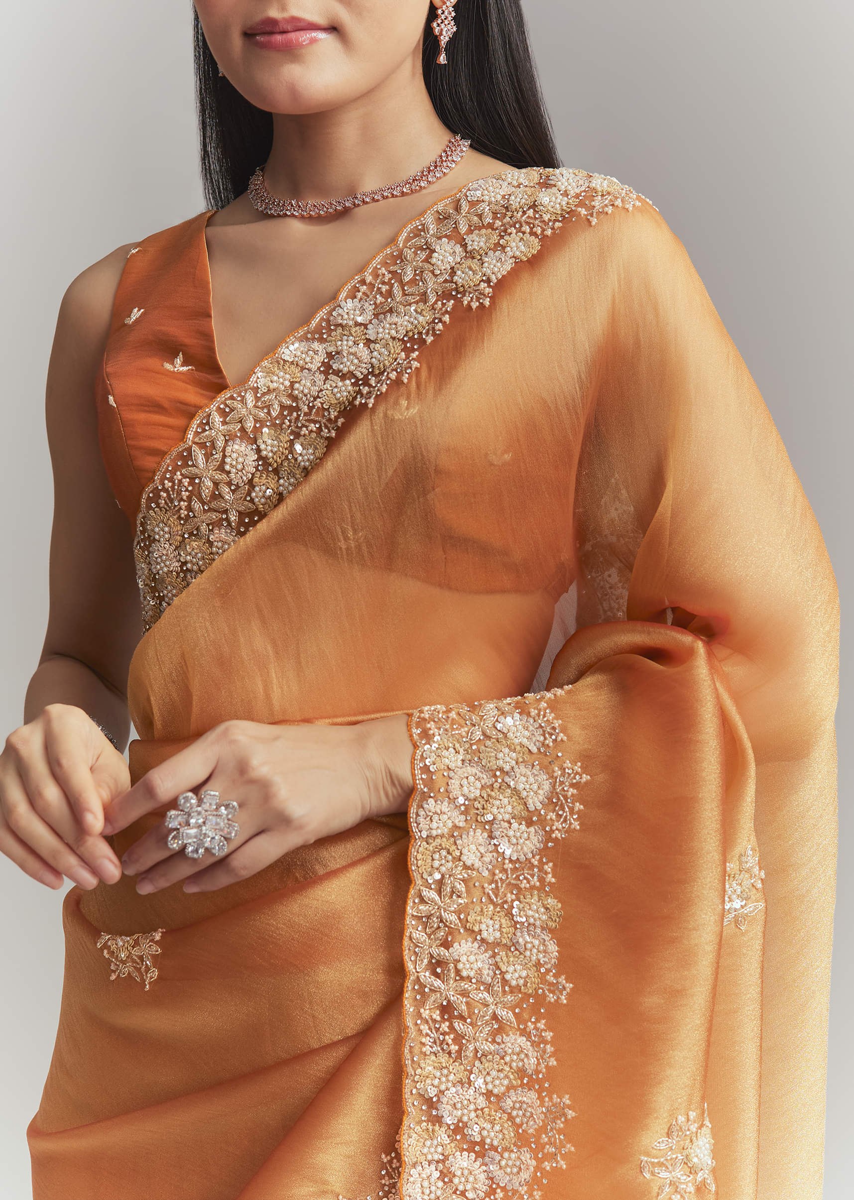 Rust Orange Georgette Embroidered Saree With Heavy Hand Embroidery - Image 2