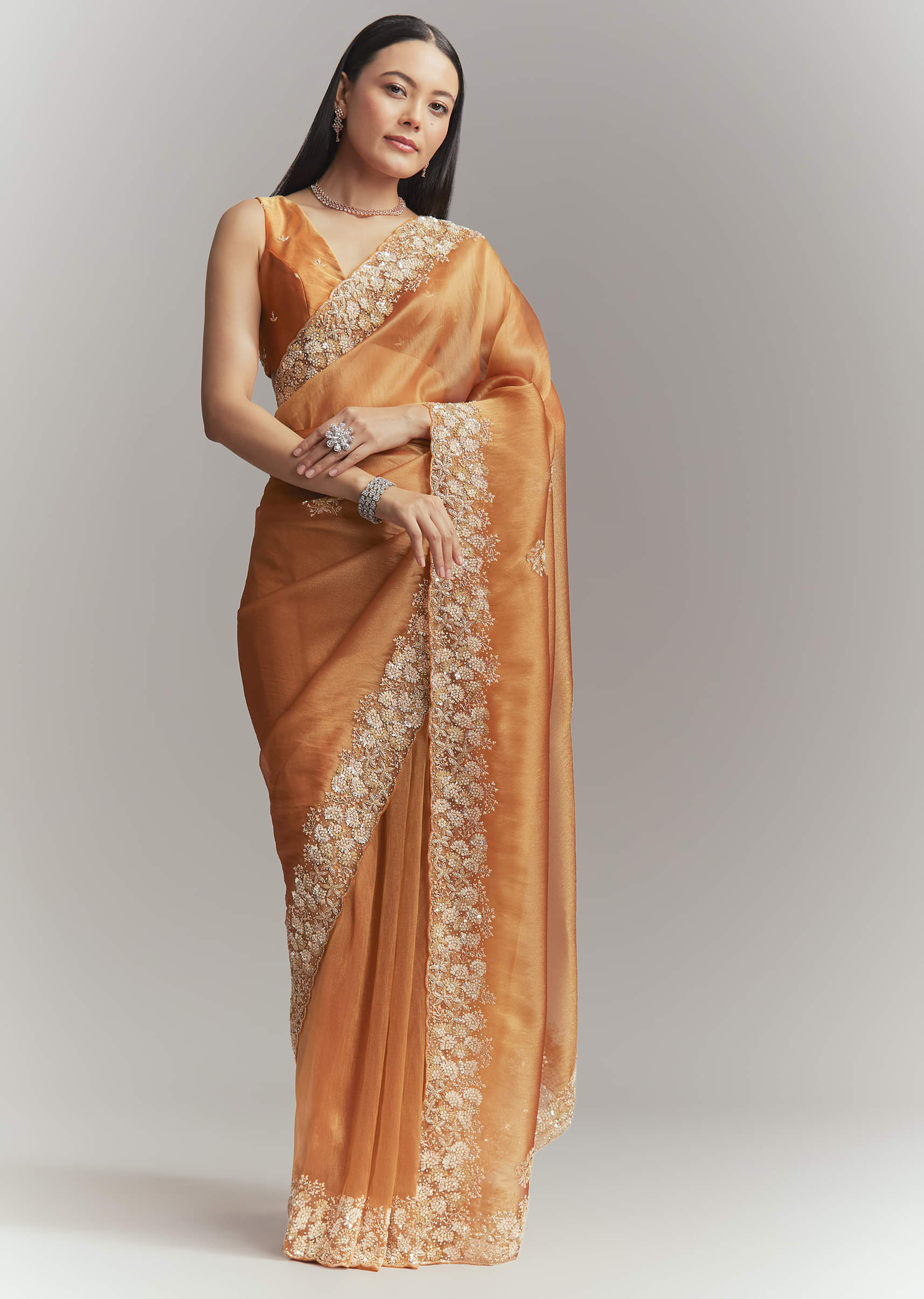 Rust Orange Georgette Embroidered Saree With Heavy Hand Embroidery - Image 3