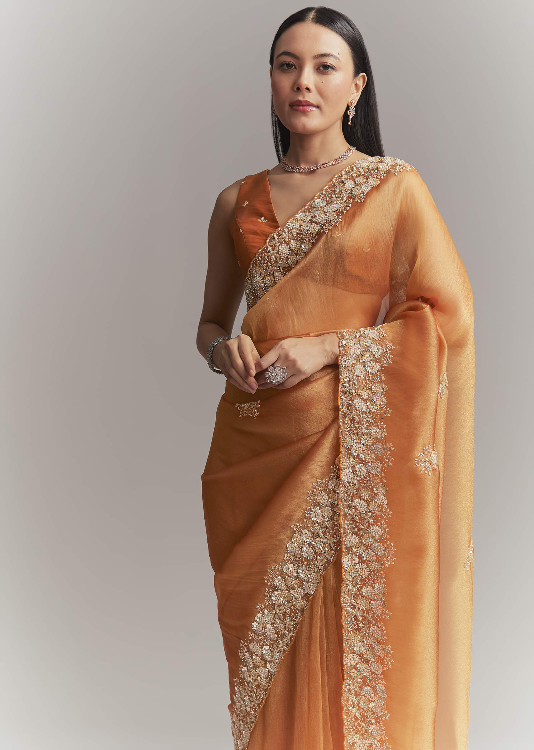 Rust Orange Georgette Embroidered Saree With Heavy Hand Embroidery - Image 4