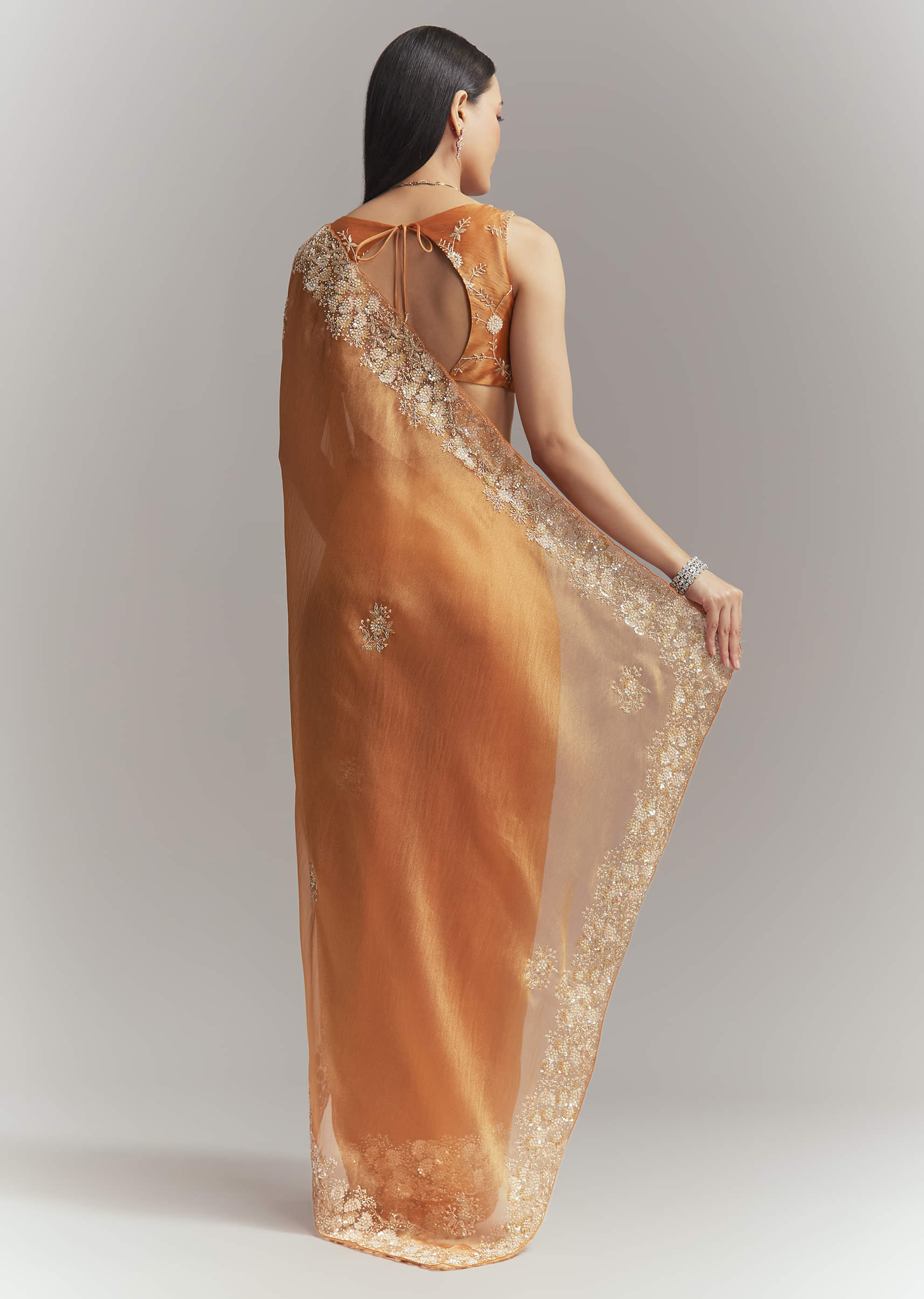 Rust Orange Georgette Embroidered Saree With Heavy Hand Embroidery - Image 5