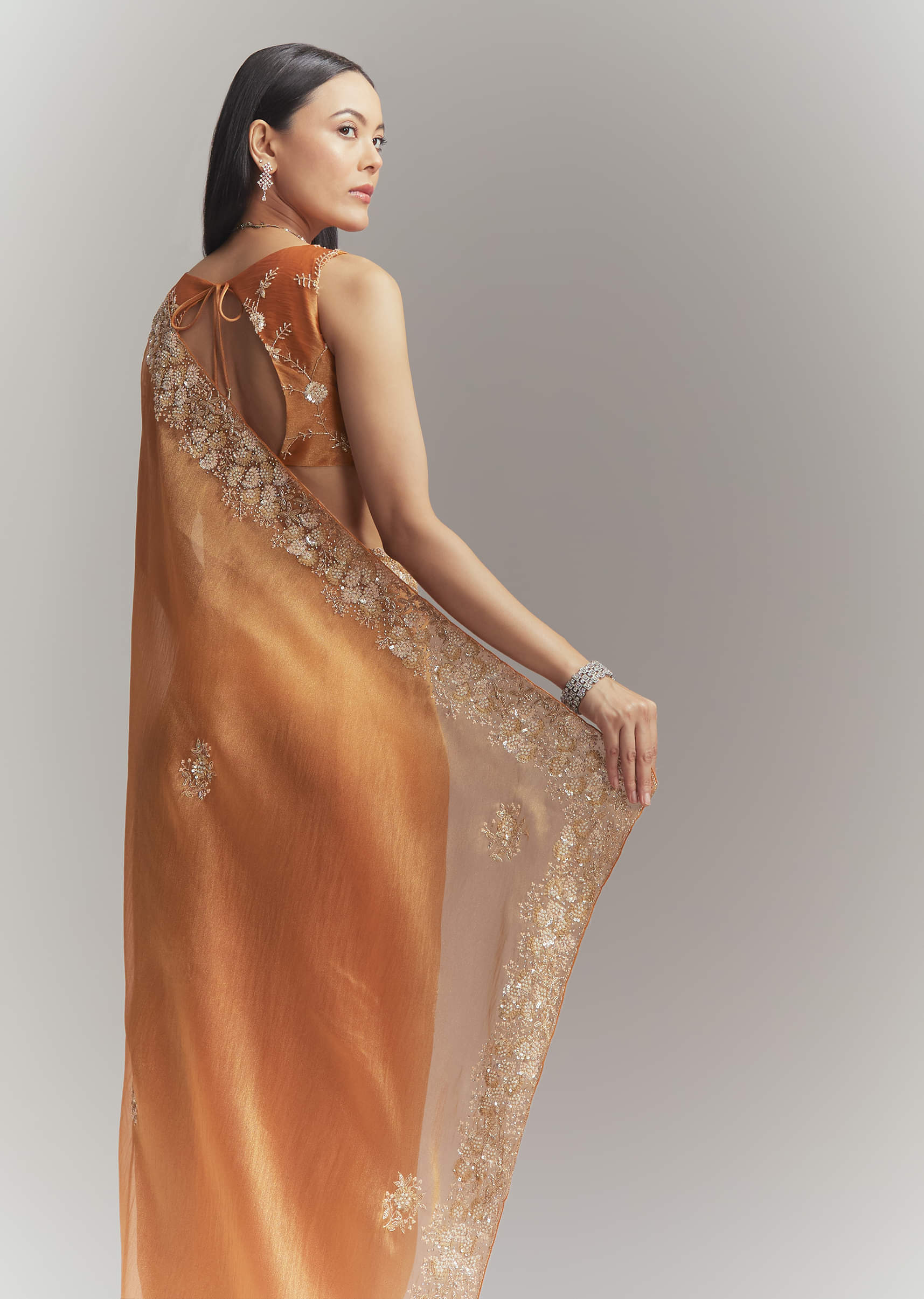 Rust Orange Georgette Embroidered Saree With Heavy Hand Embroidery - Image 6