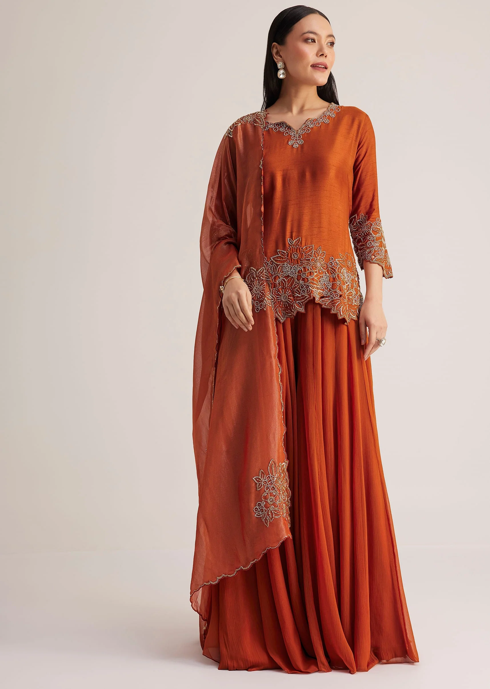 Rust Orange Palazzo Suit With Cutwork Detailing - Image 2