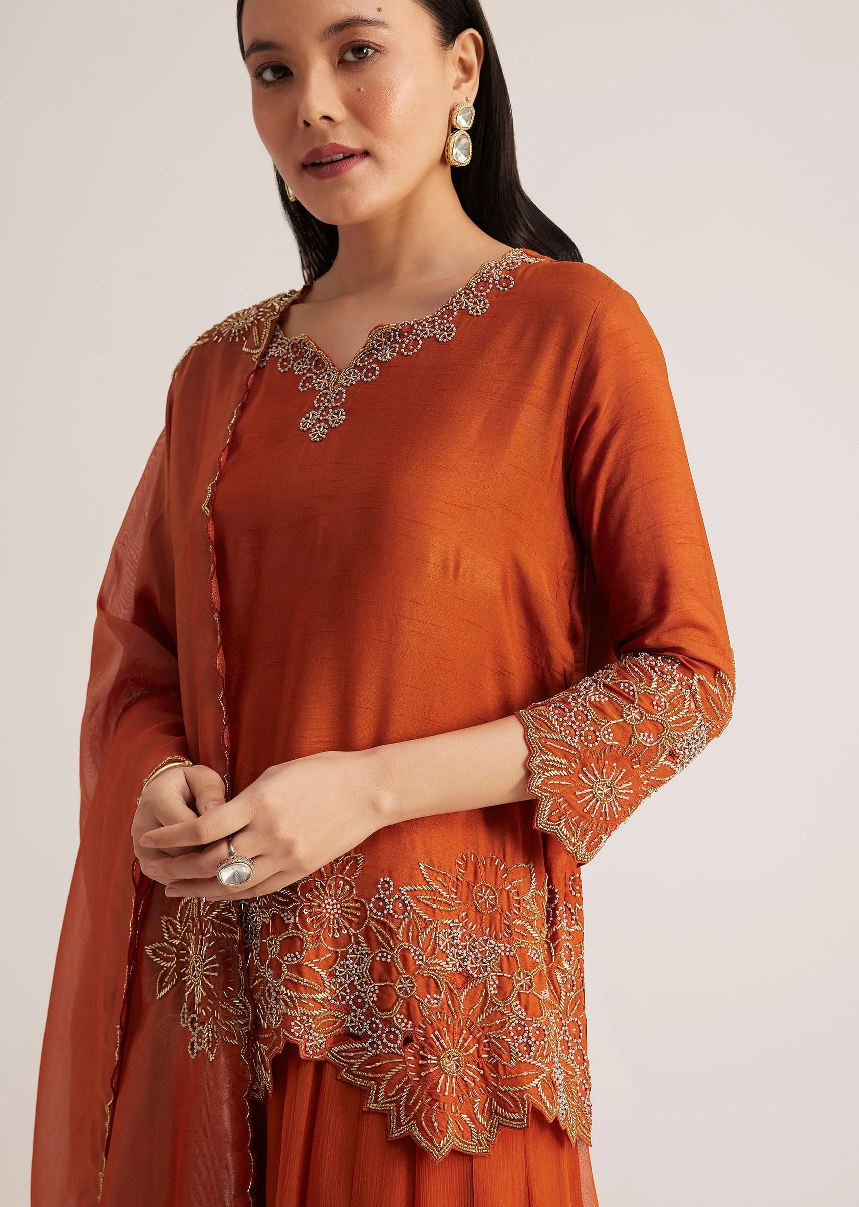 Rust Orange Palazzo Suit With Cutwork Detailing - Image 3