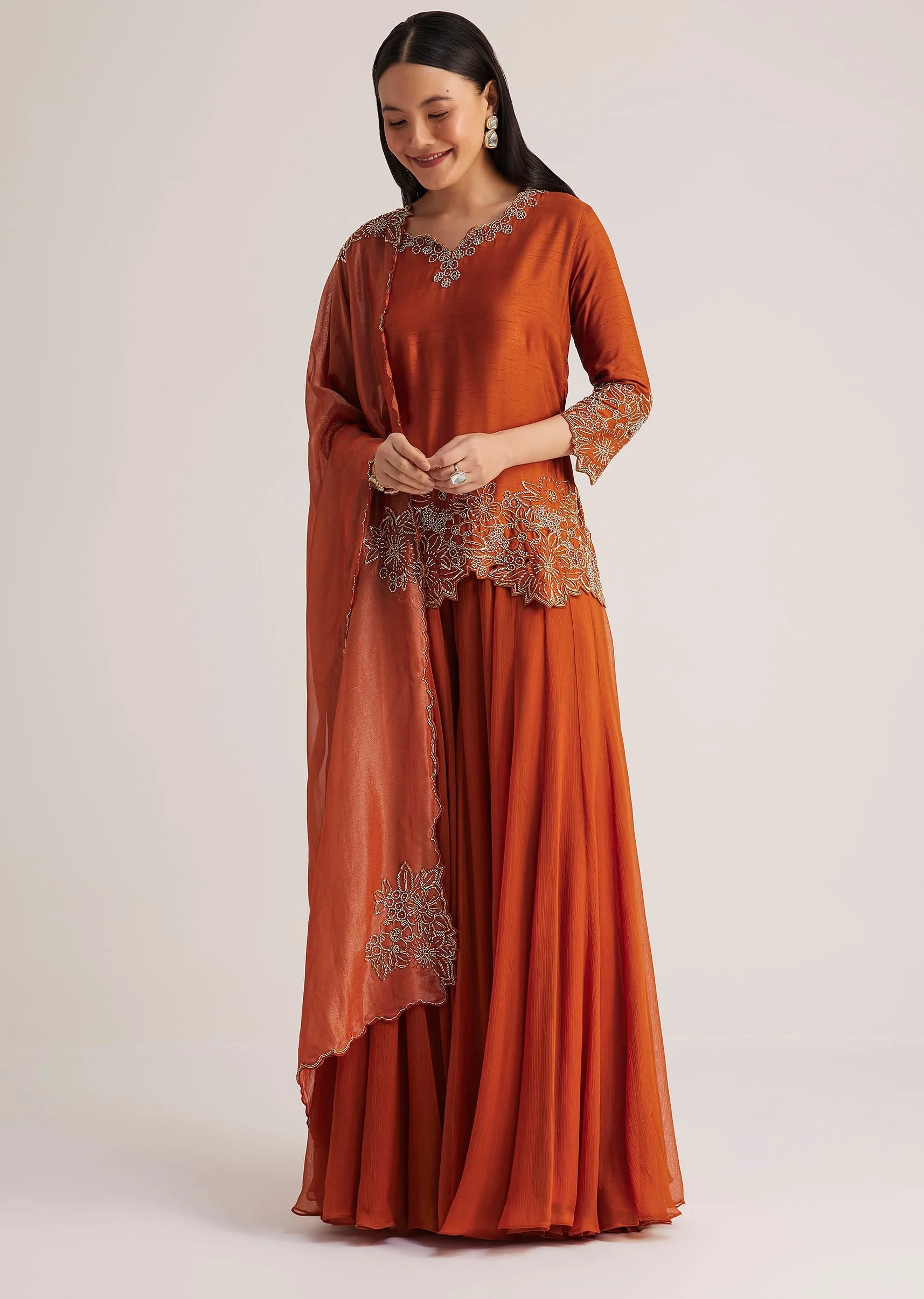 Rust Orange Palazzo Suit With Cutwork Detailing - Image 4