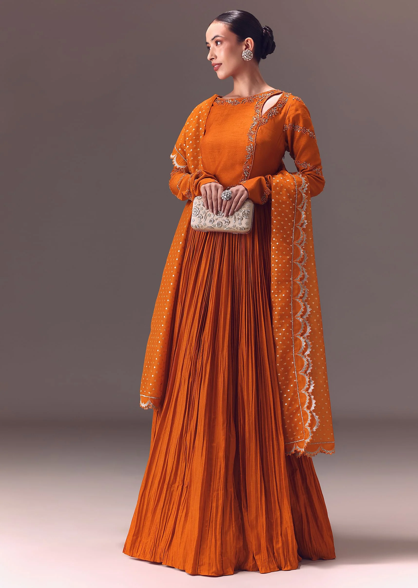 Rust Orange Ruched Embroidered Anarkali With Dupatta - Image 3