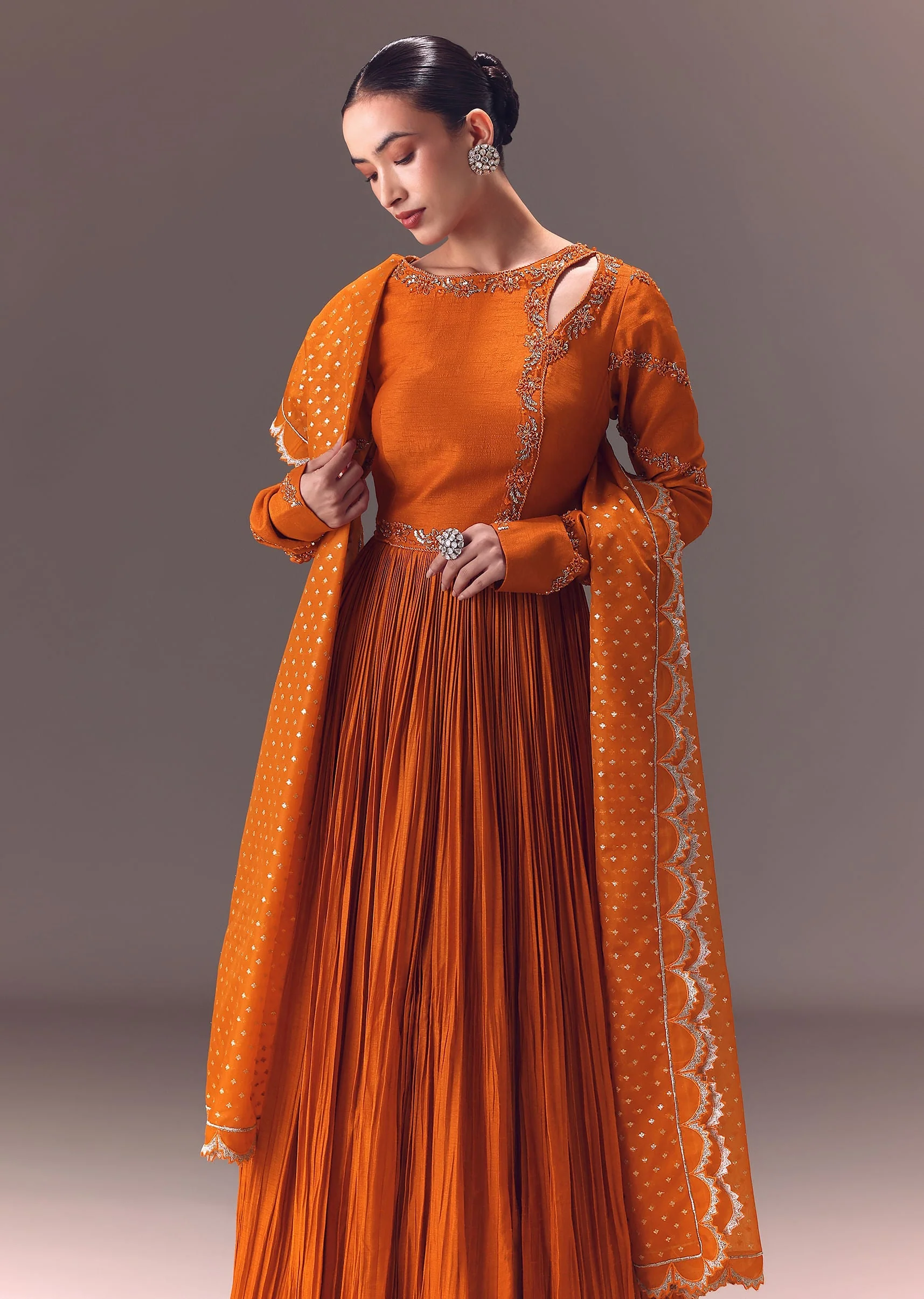 Rust Orange Ruched Embroidered Anarkali With Dupatta - Image 4