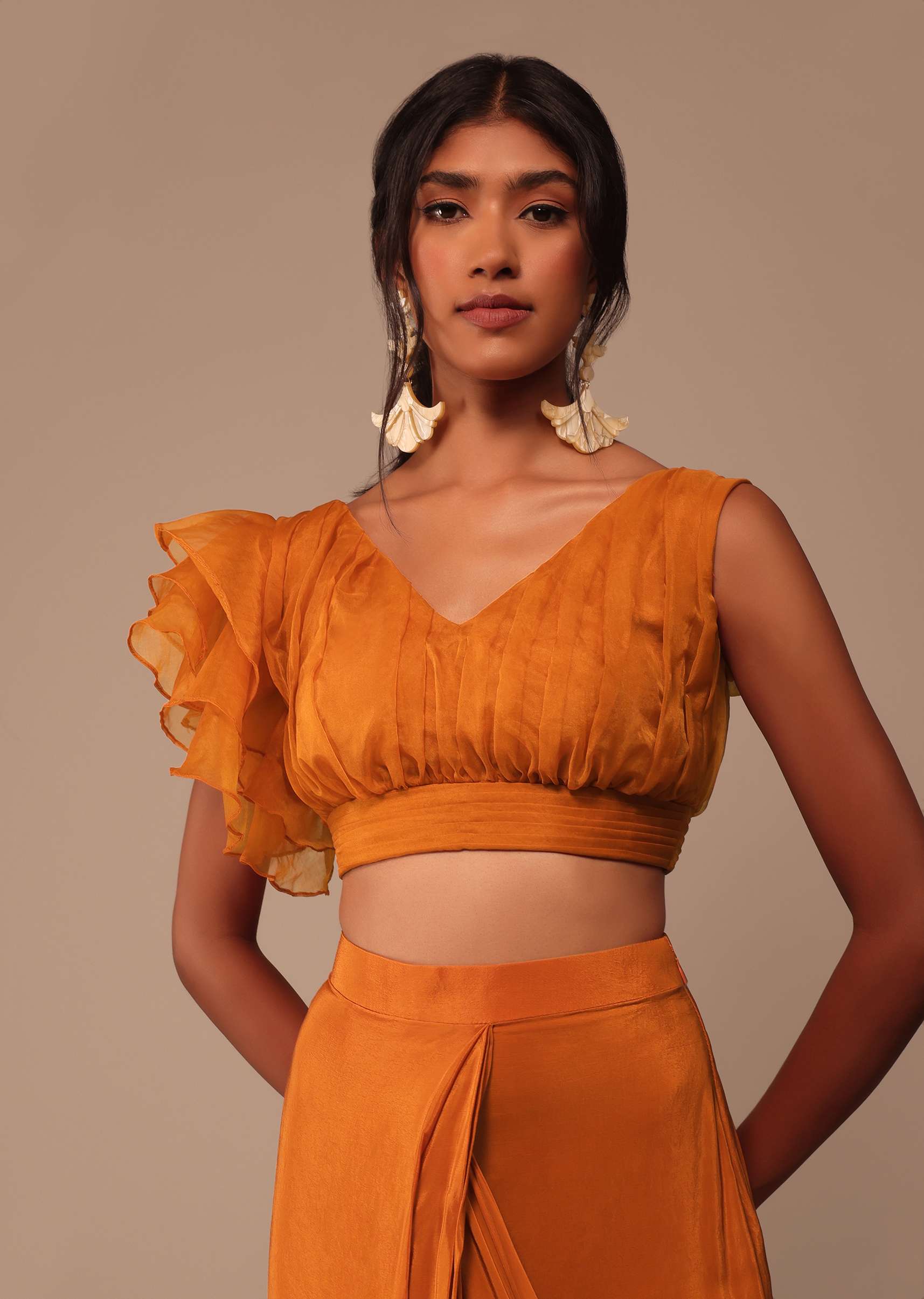 Rust Orange Saree With Fancy Ruffle Blouse And Embroidered Belt - Image 5