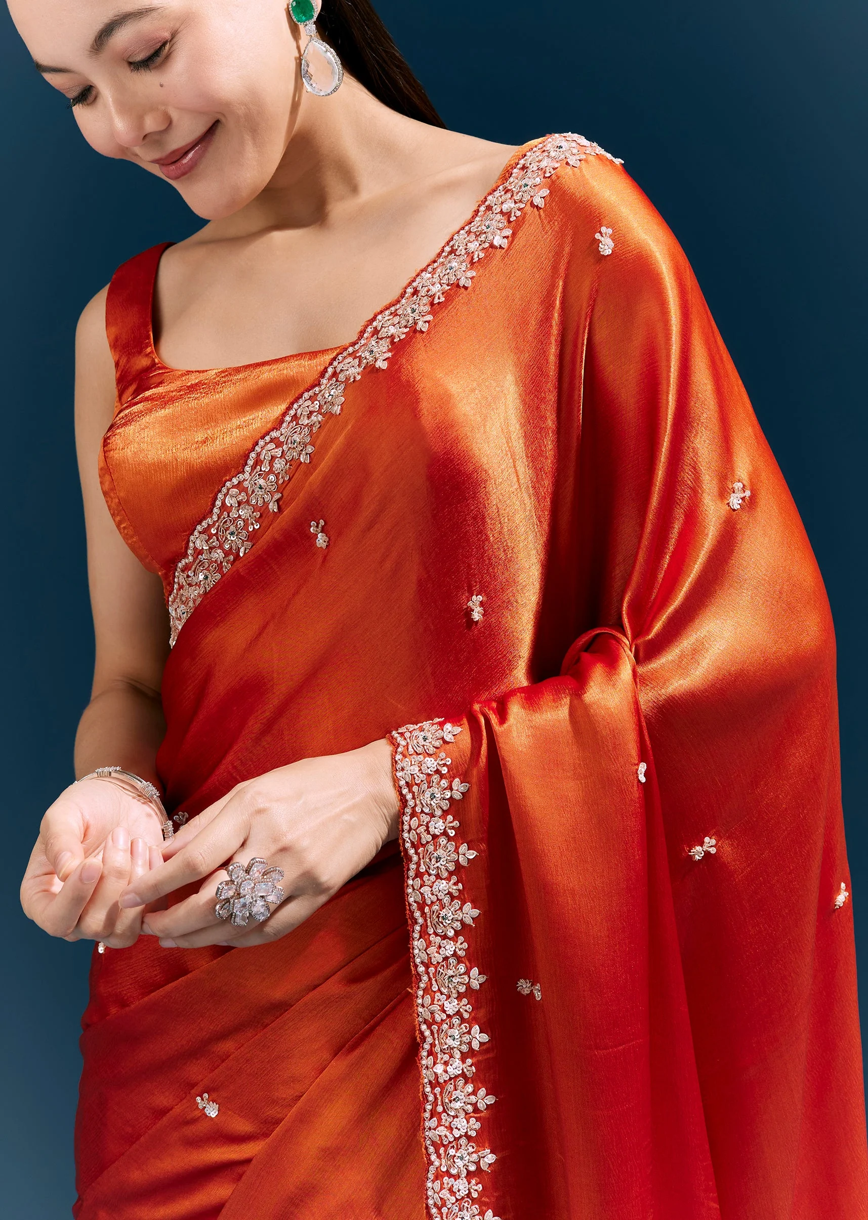 Rust Orange Satin Chinon Saree With Hand Embroidered Border And Sparkling Buttis - Image 2
