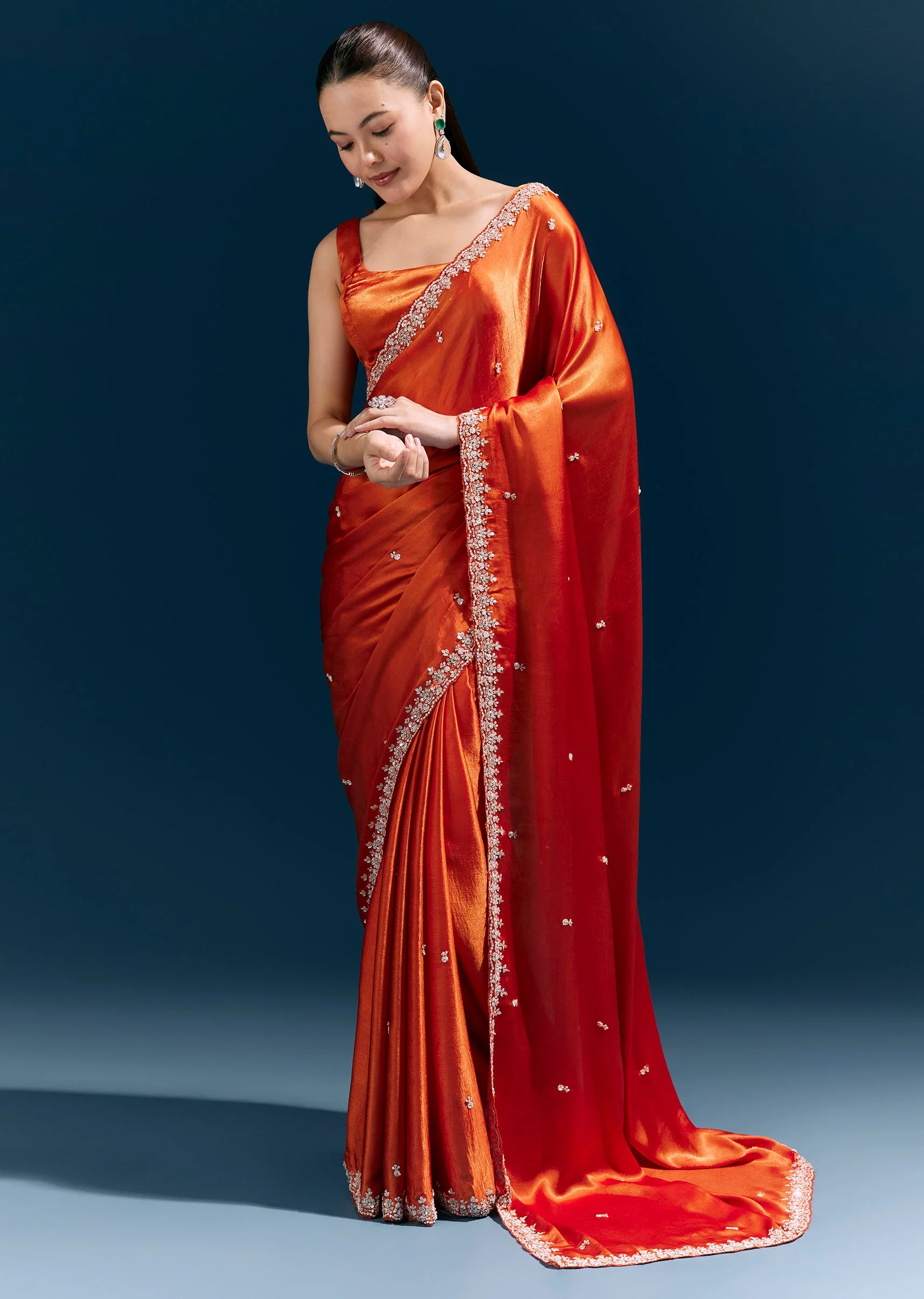 Rust Orange Satin Chinon Saree With Hand Embroidered Border And Sparkling Buttis - Image 3
