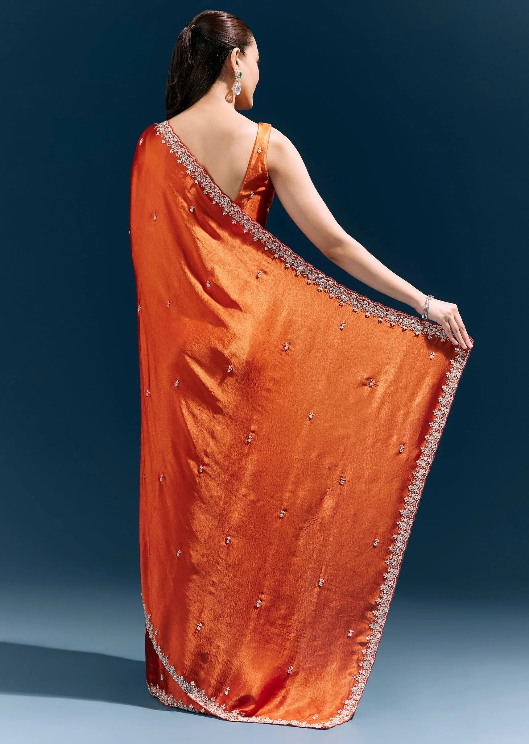 Rust Orange Satin Chinon Saree With Hand Embroidered Border And Sparkling Buttis - Image 4