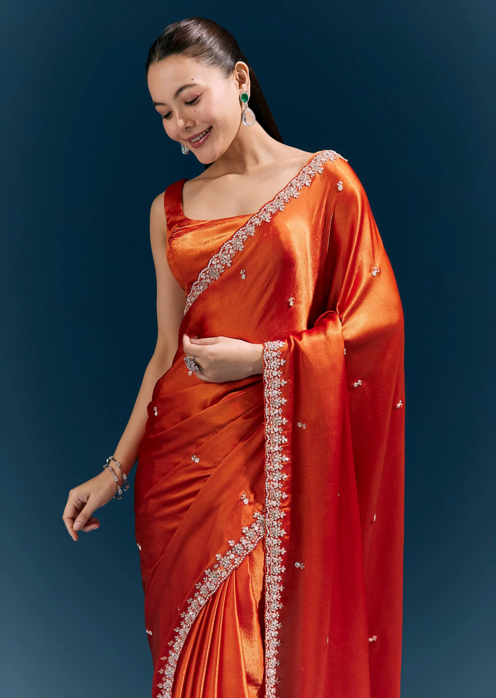 Rust Orange Satin Chinon Saree With Hand Embroidered Border And Sparkling Buttis - Image 5