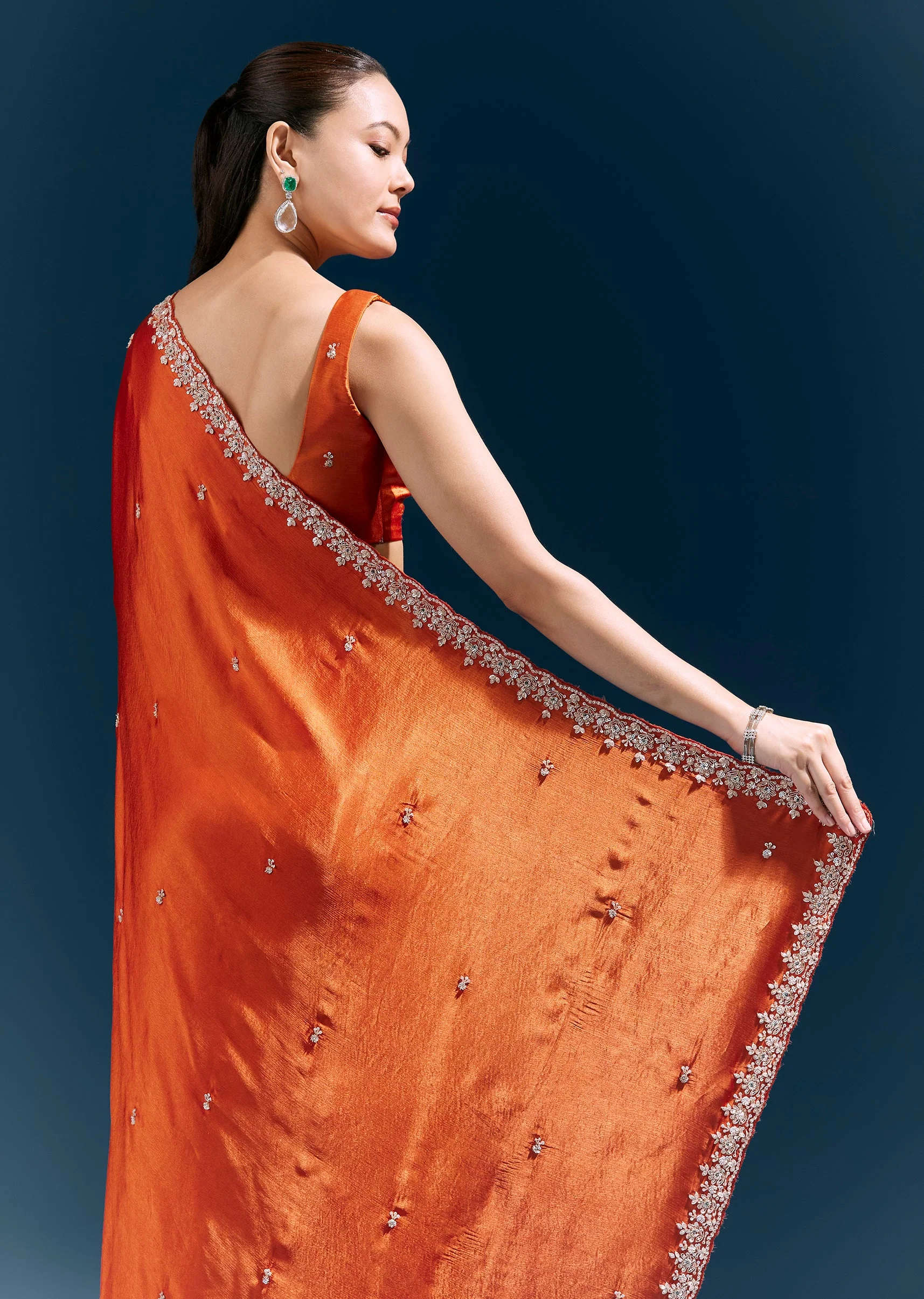 Rust Orange Satin Chinon Saree With Hand Embroidered Border And Sparkling Buttis - Image 6