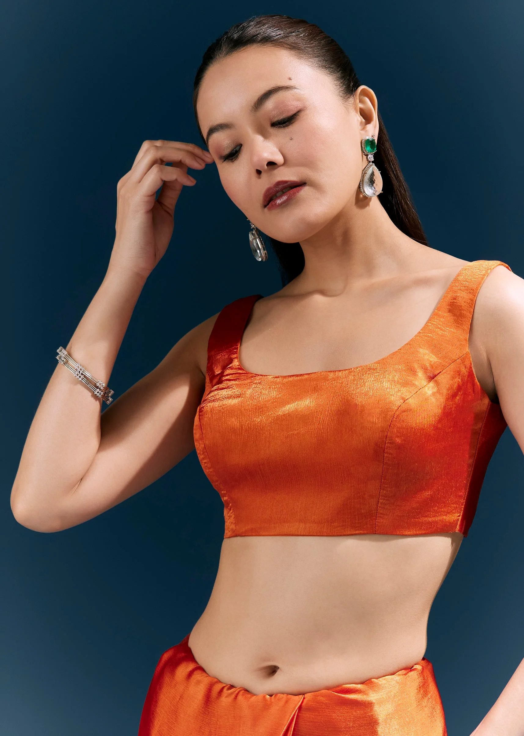Rust Orange Satin Chinon Saree With Hand Embroidered Border And Sparkling Buttis - Image 7