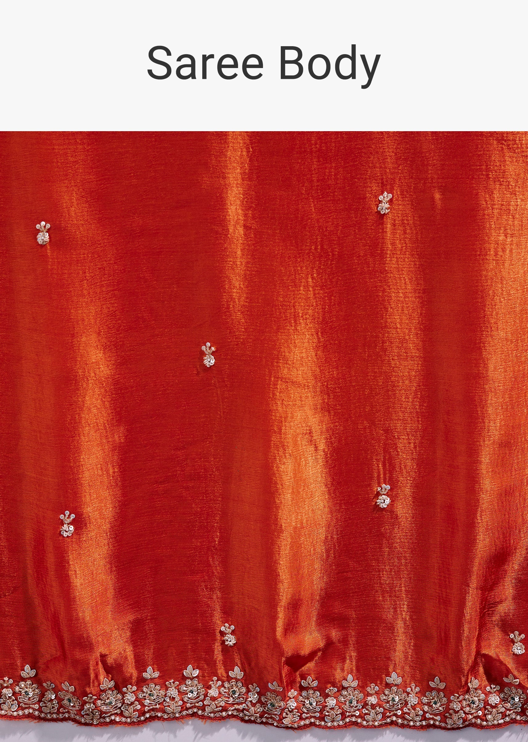 Rust Orange Satin Chinon Saree With Hand Embroidered Border And Sparkling Buttis - Image 9