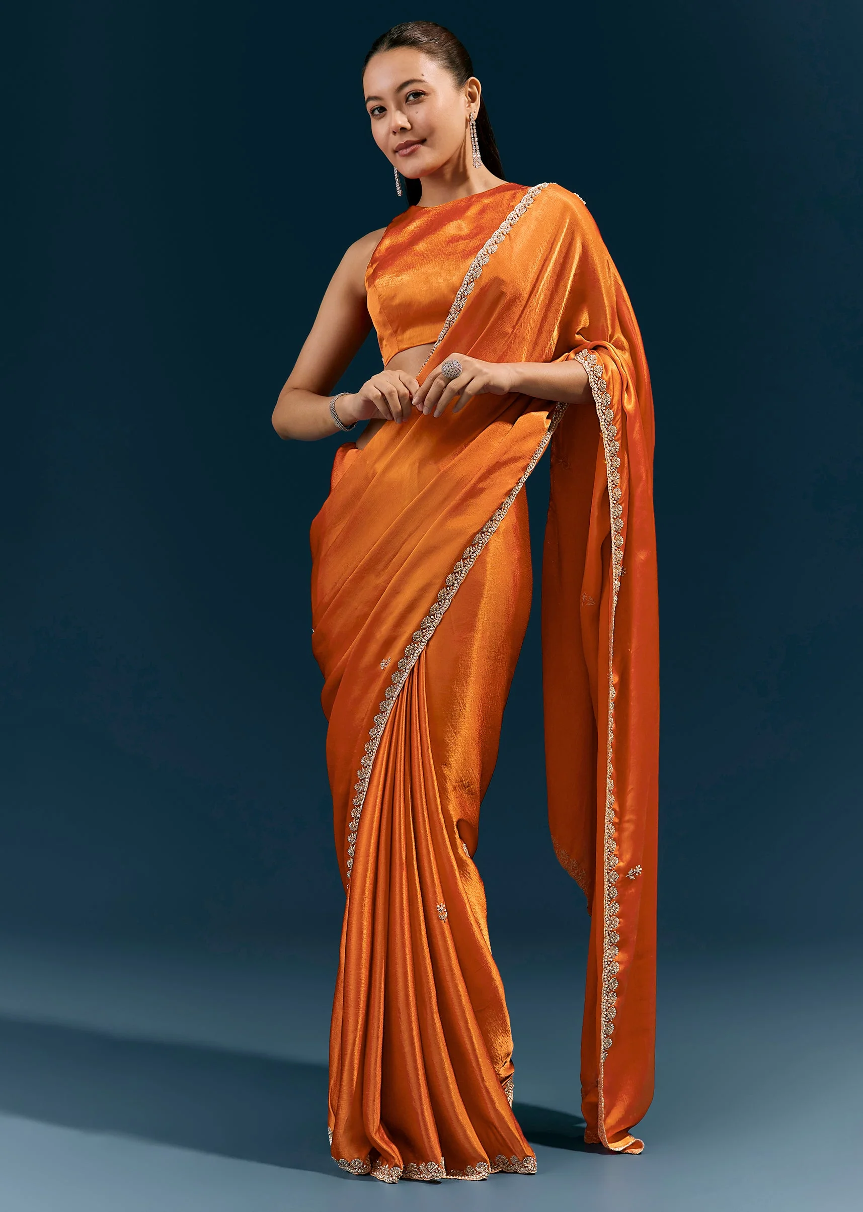 Rust Orange Satin Chinon Saree With Scalloped Border And Hand Embroidered Buttis - Image 3