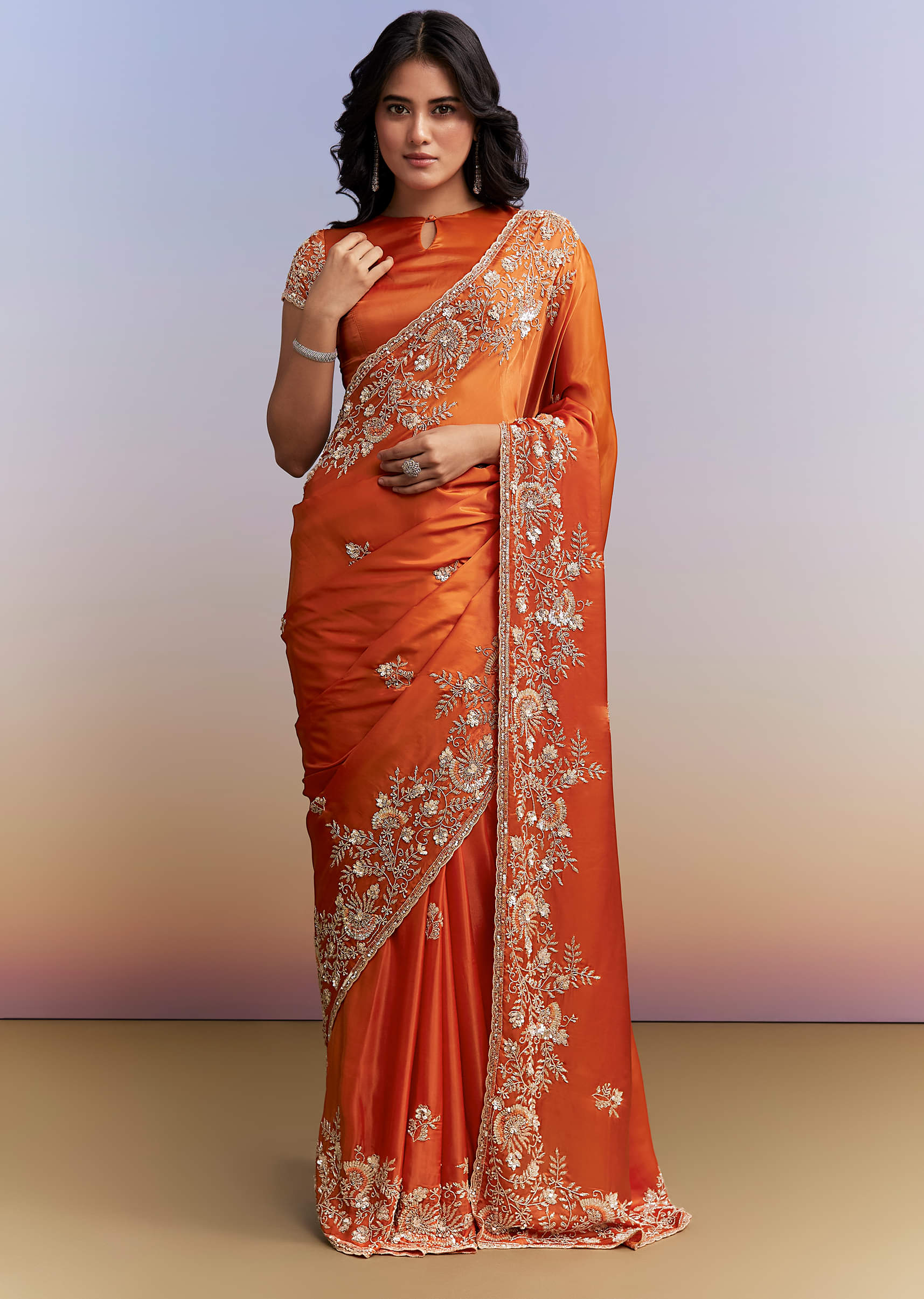 Rust Orange Satin Saree With Heavy Hand Embroidery - Image 3
