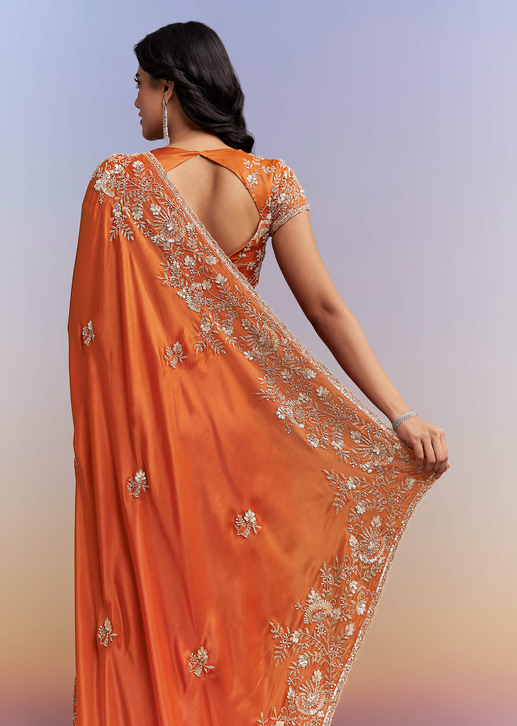 Rust Orange Satin Saree With Heavy Hand Embroidery - Image 6