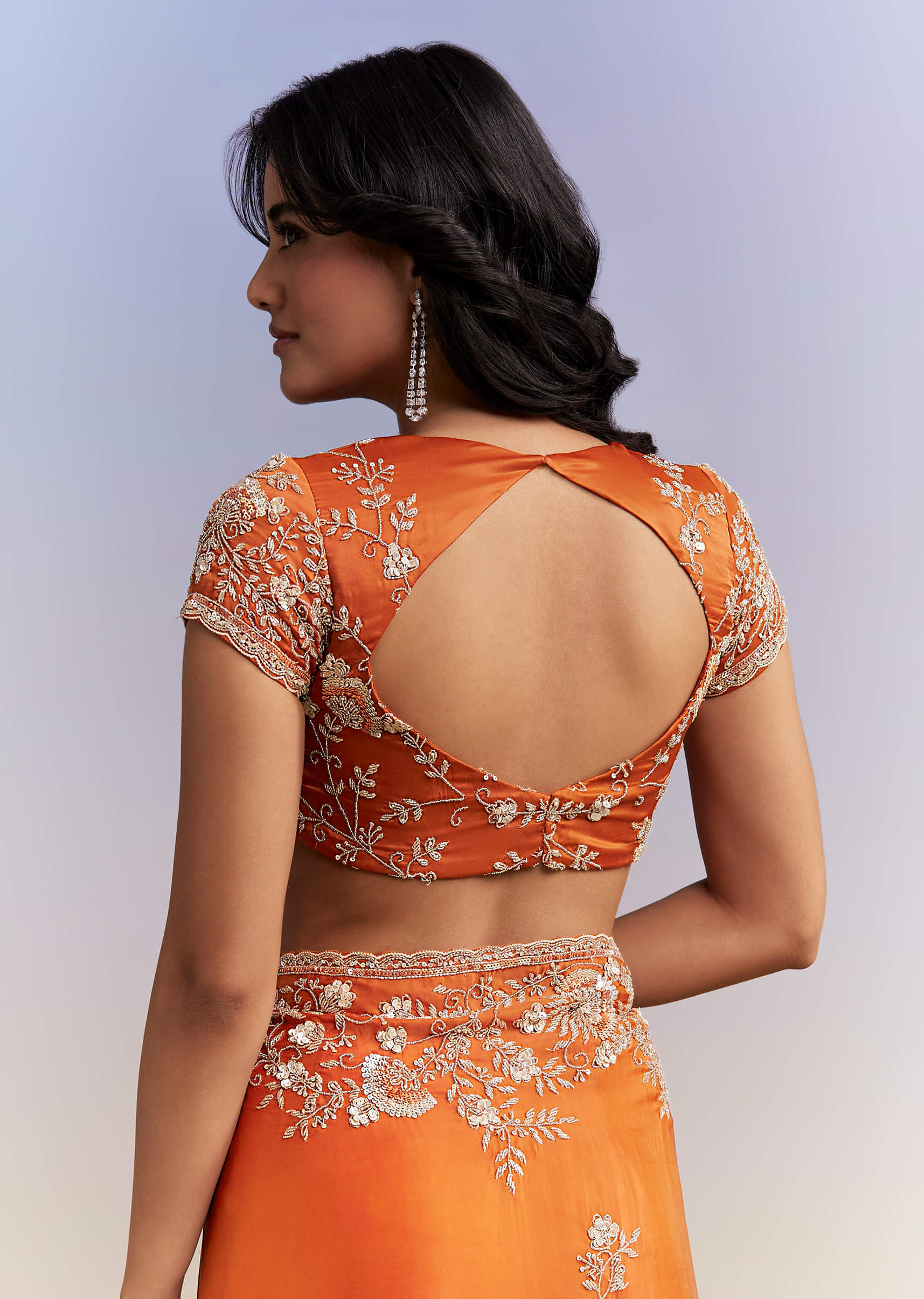 Rust Orange Satin Saree With Heavy Hand Embroidery - Image 8