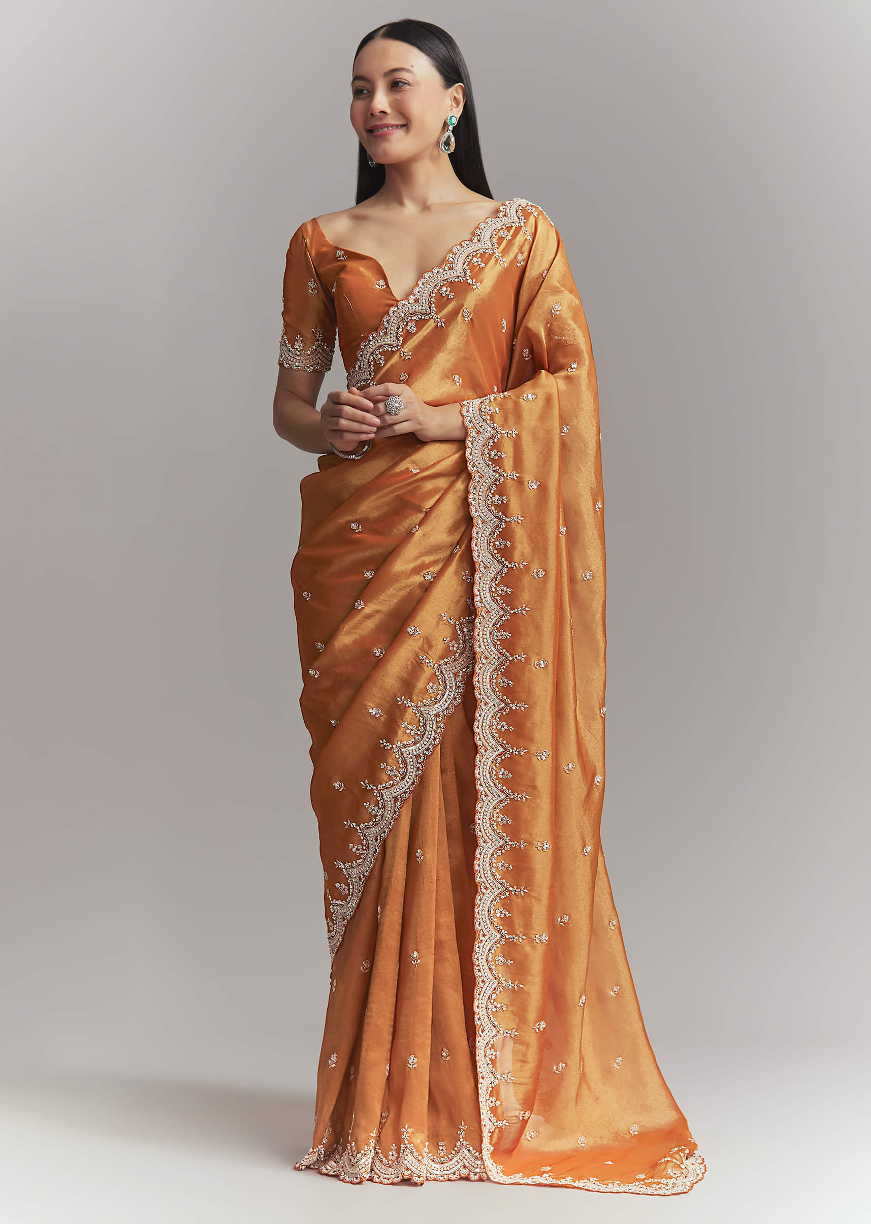 Rust Orange Silk Embroidered Saree With Heavy Hand Embroidery - Image 10