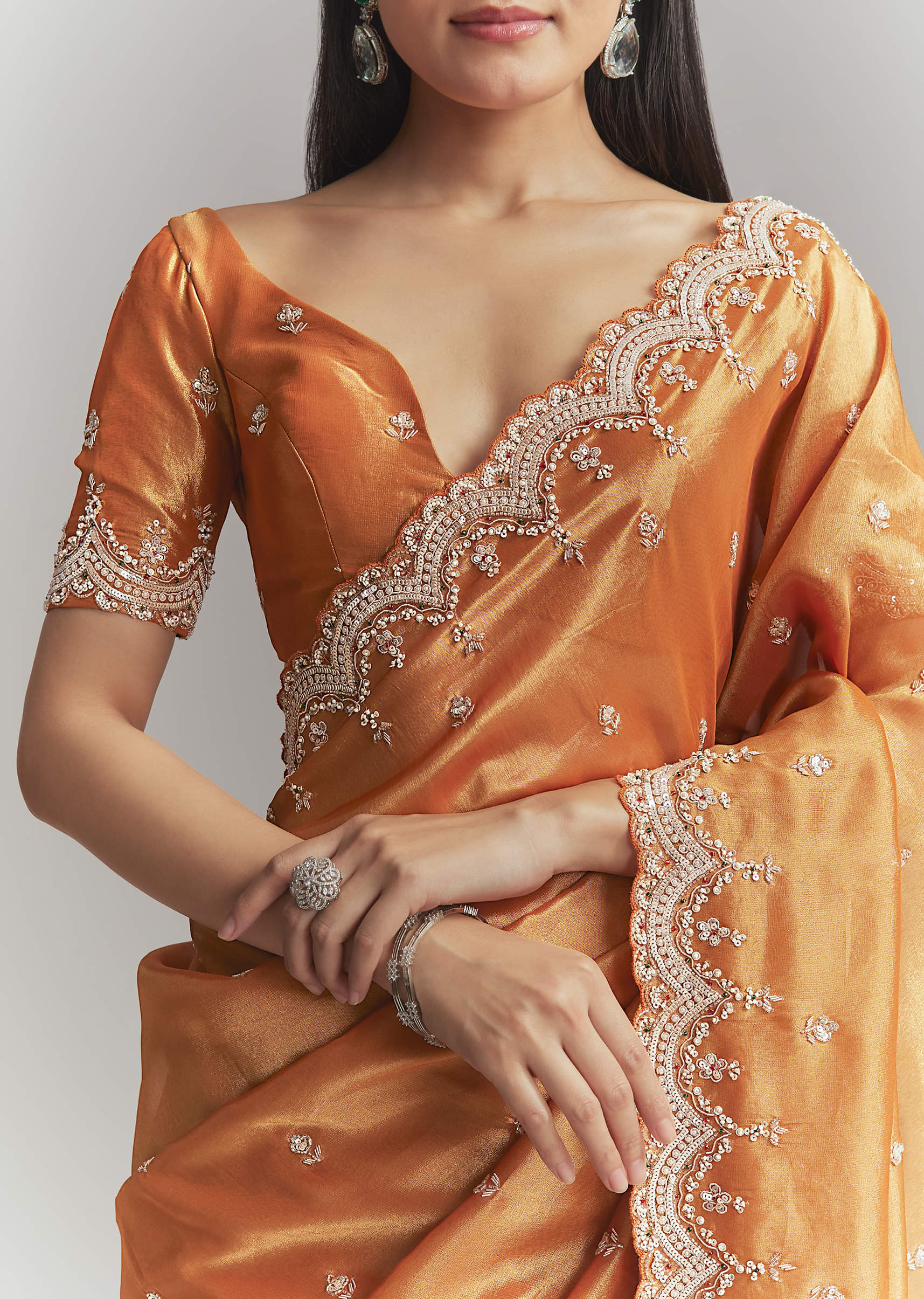 Rust Orange Silk Embroidered Saree With Heavy Hand Embroidery - Image 2