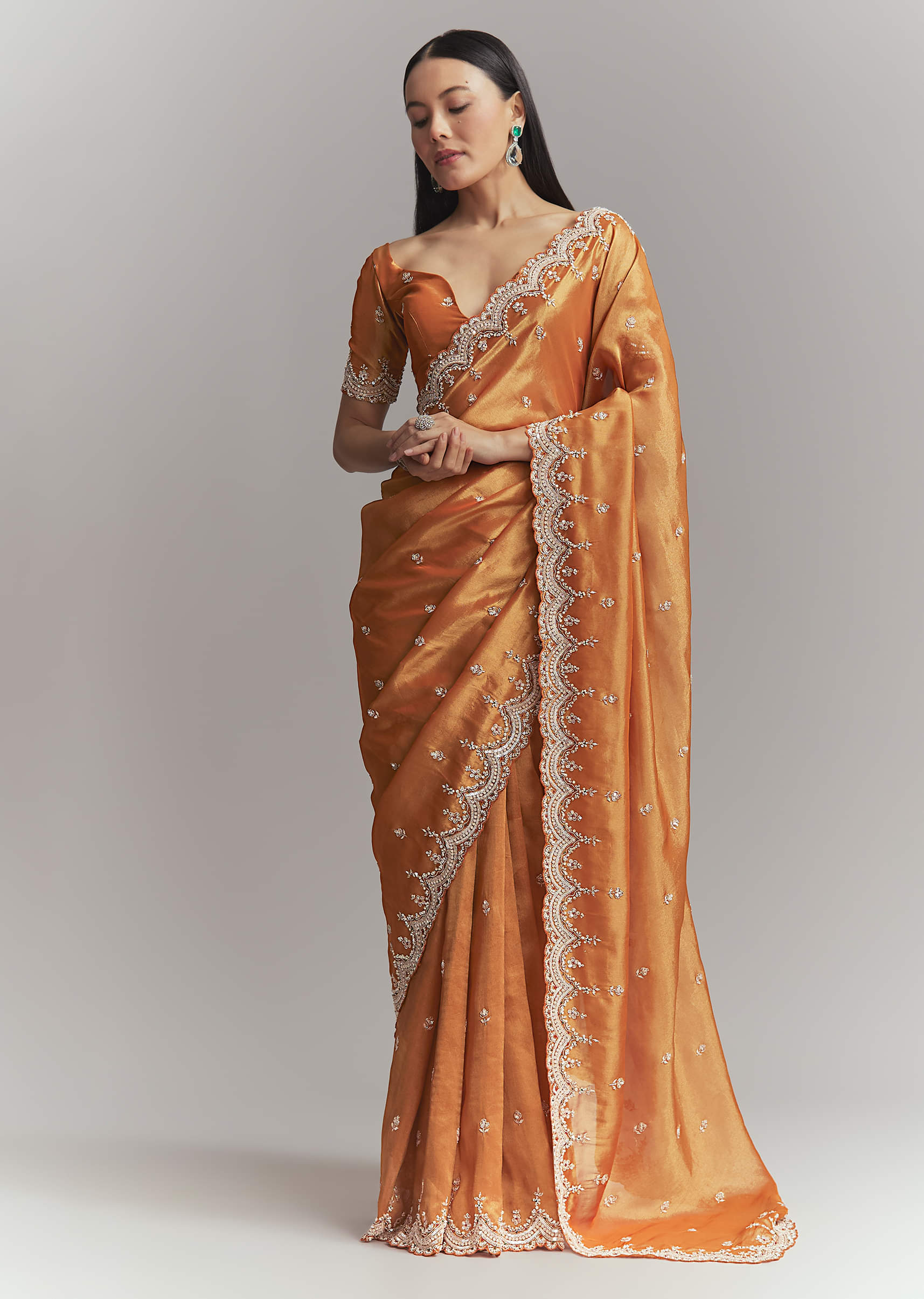 Rust Orange Silk Embroidered Saree With Heavy Hand Embroidery - Image 3