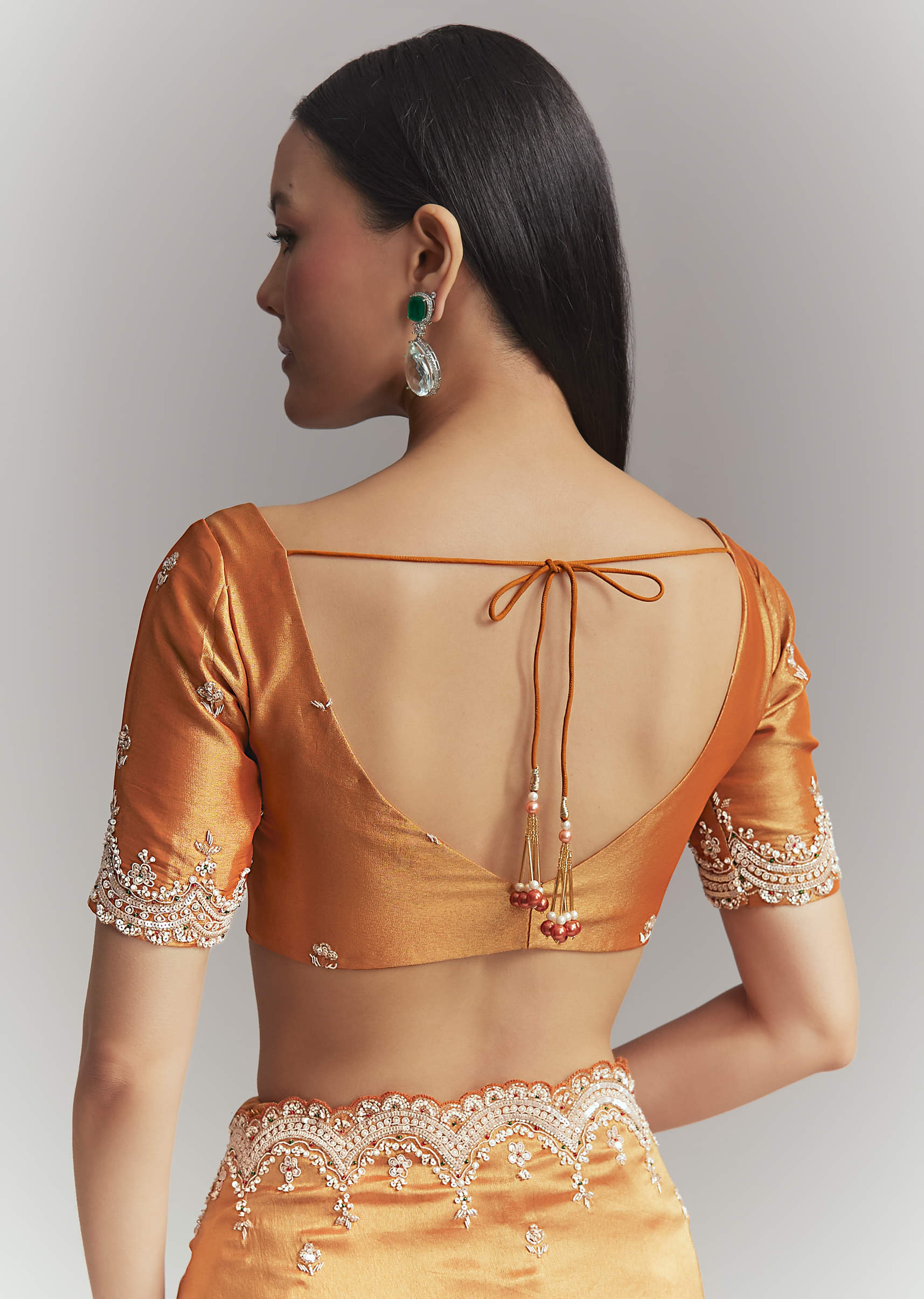 Rust Orange Silk Embroidered Saree With Heavy Hand Embroidery - Image 8