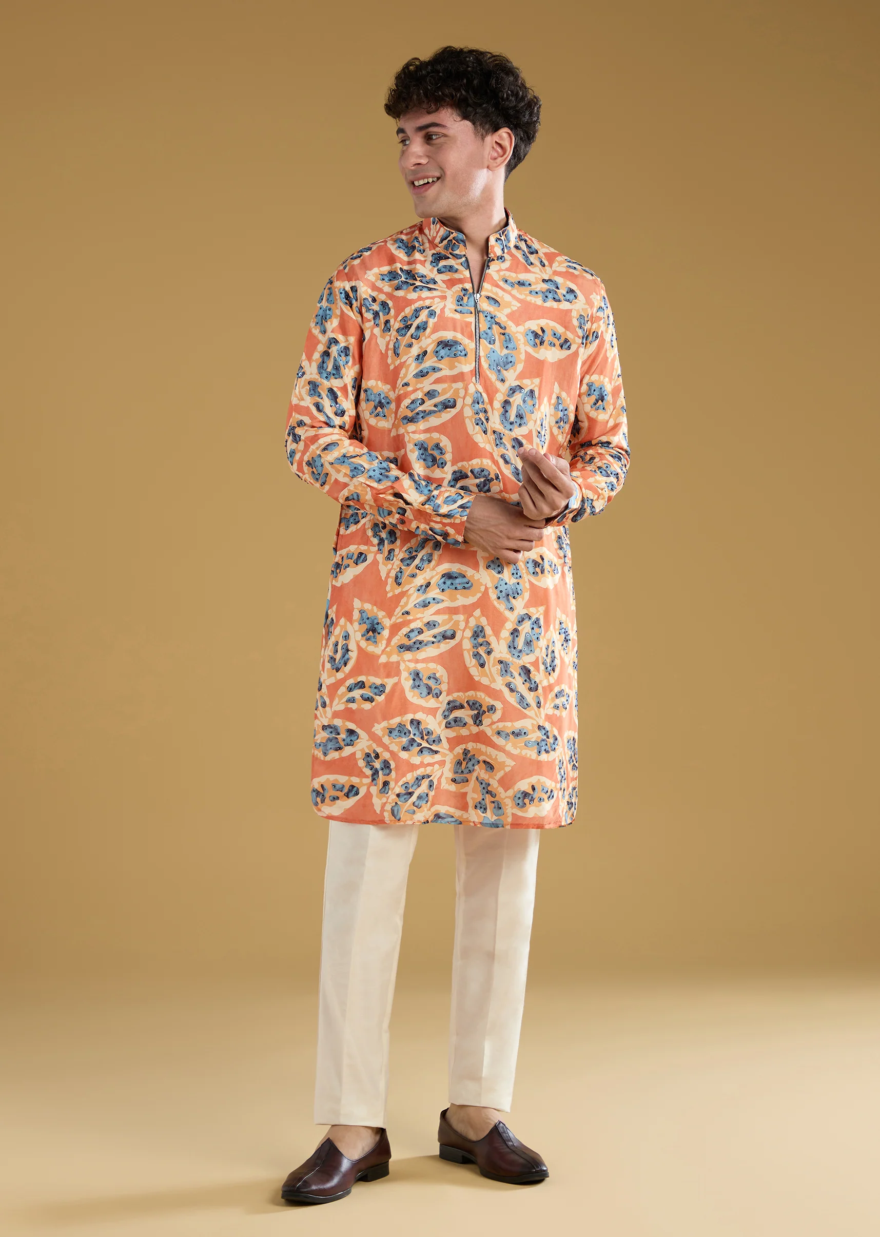 Rust Orange Silk Zipper Kurta Set