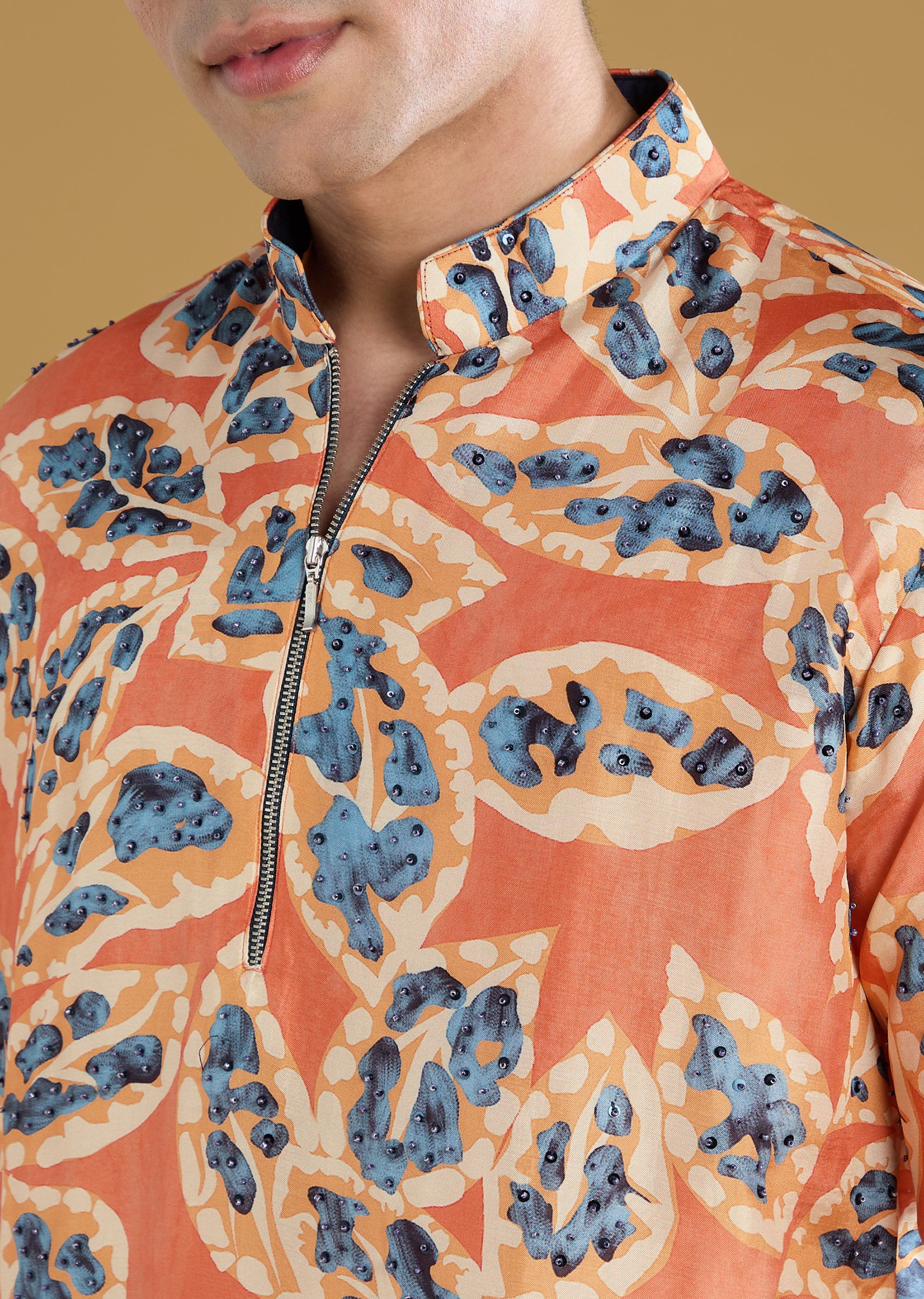 Rust Orange Silk Zipper Kurta Set - Image 2