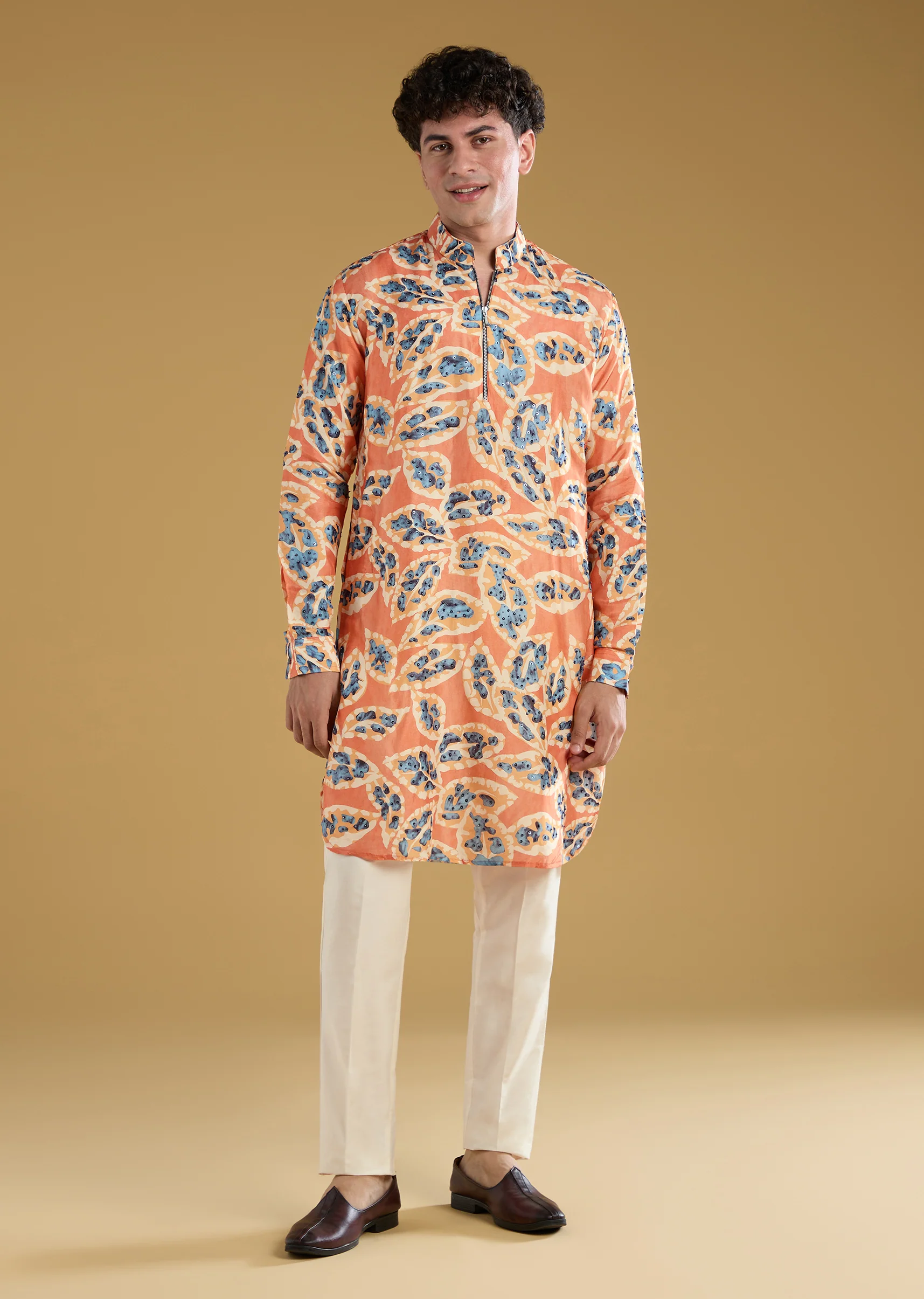 Rust Orange Silk Zipper Kurta Set - Image 3