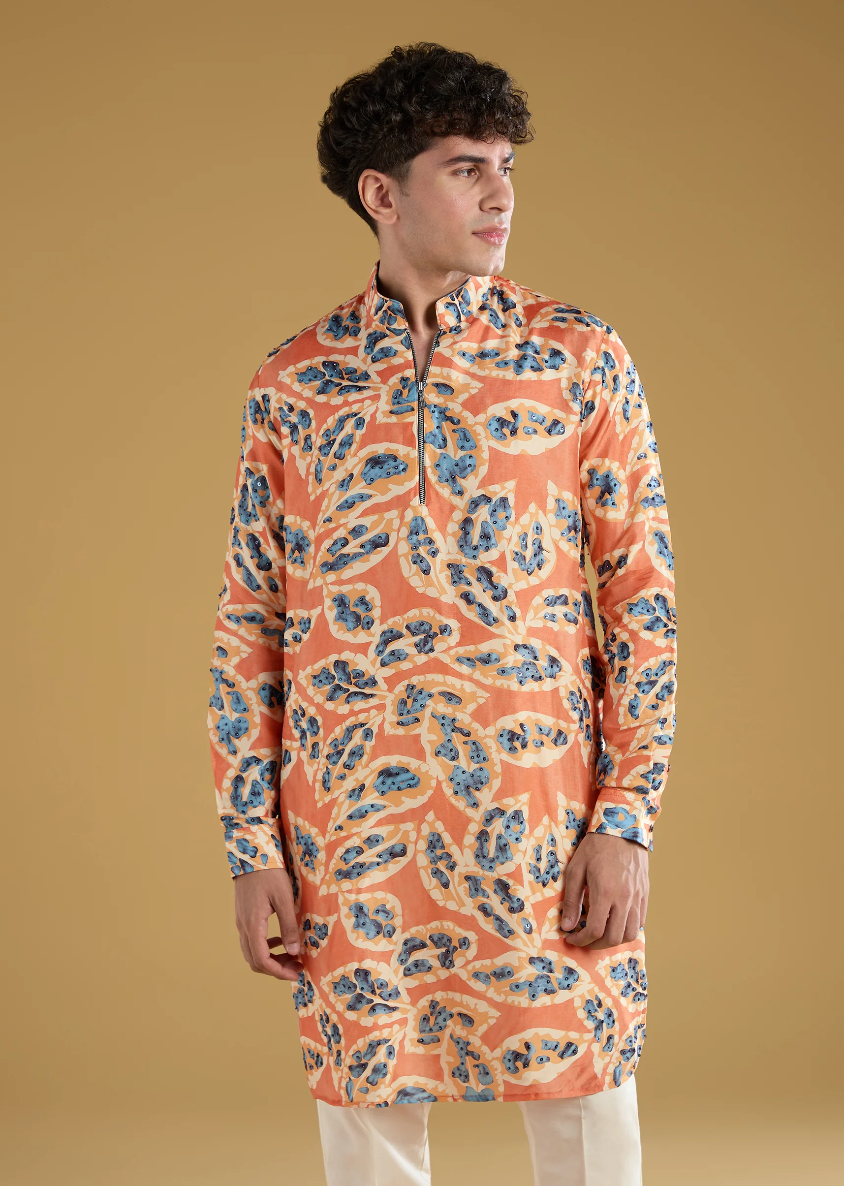 Rust Orange Silk Zipper Kurta Set - Image 4