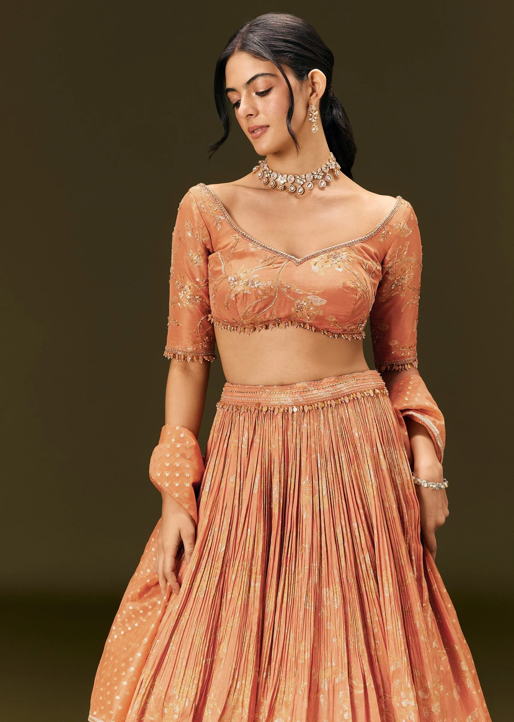Rust Orange Tassel Embroidered Blouse With Lehenga And Dupatta - Image 3
