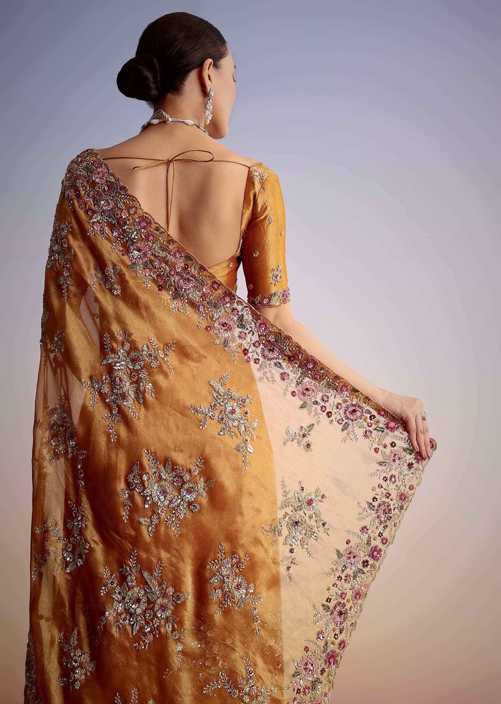 Rust Orange Tissue Cutdana Embroidered Saree - Image 4