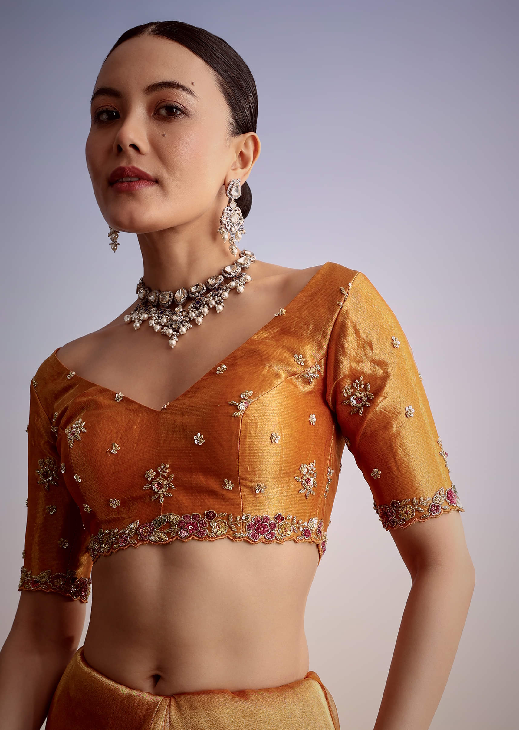 Rust Orange Tissue Cutdana Embroidered Saree - Image 7