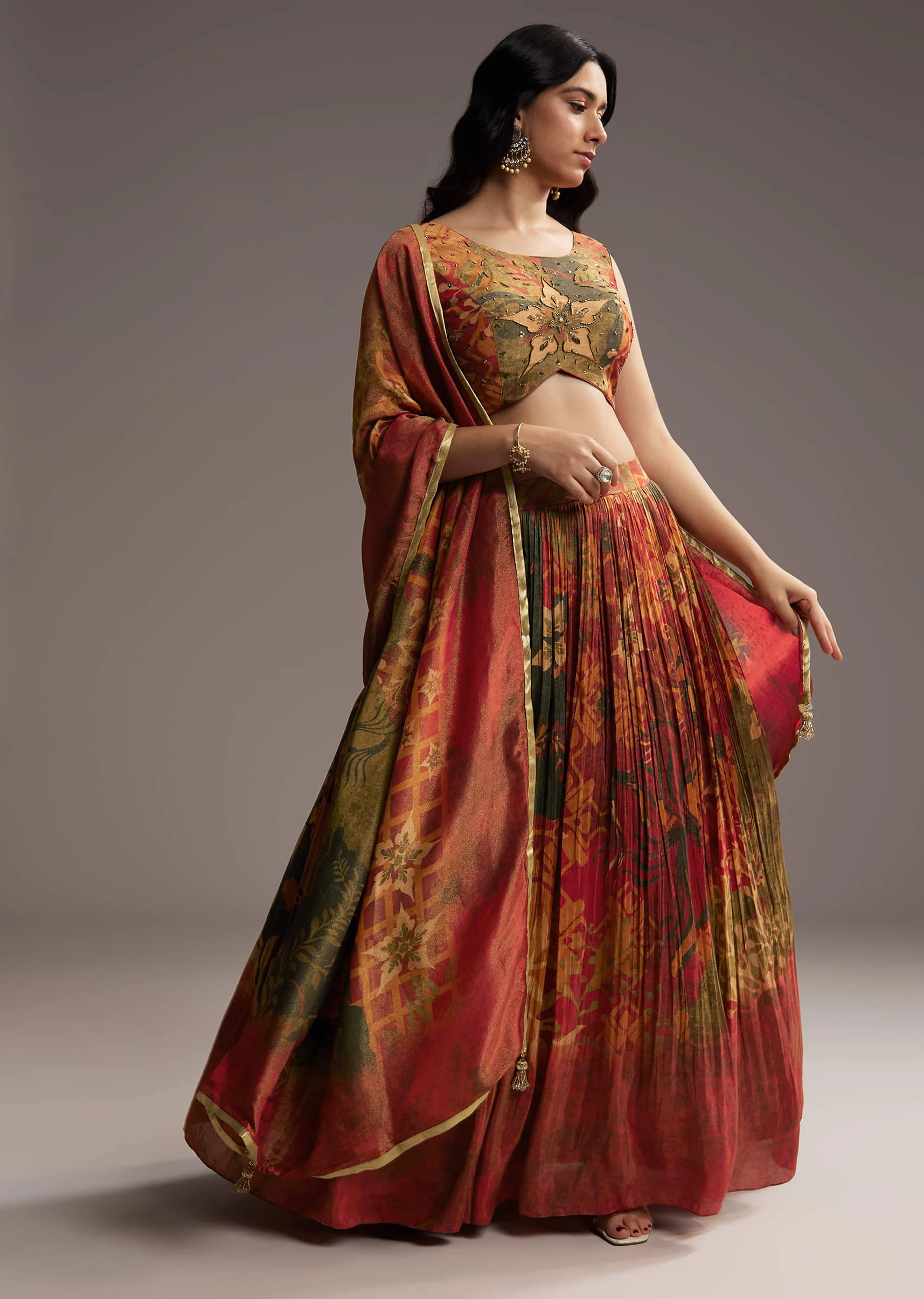 Rust Orange Tissue Lehenga Choli With Floral Print - Image 3