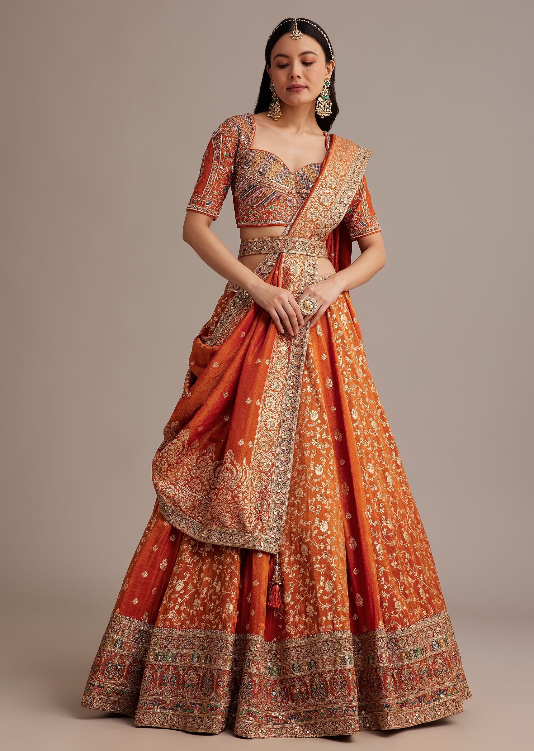 Rust Orange Tissue Lehenga Set With Resham Zari And Sequins Work - Image 3