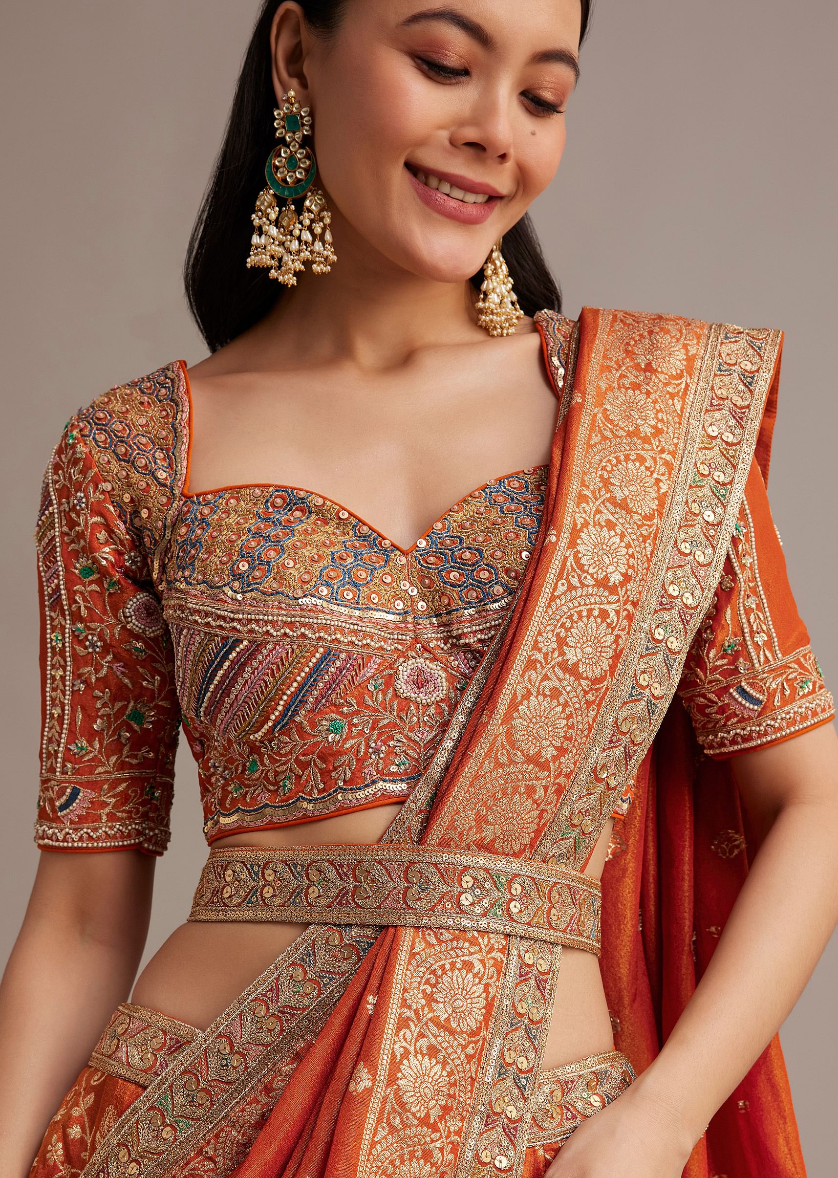 Rust Orange Tissue Lehenga Set With Resham Zari And Sequins Work - Image 4