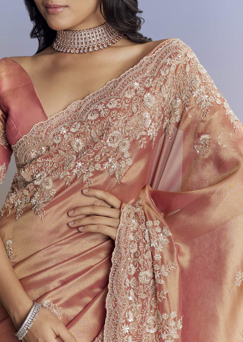 Rust Orange Tissue Saree With Floral Embroidery In Cutdana Sequins And Beads - Image 2