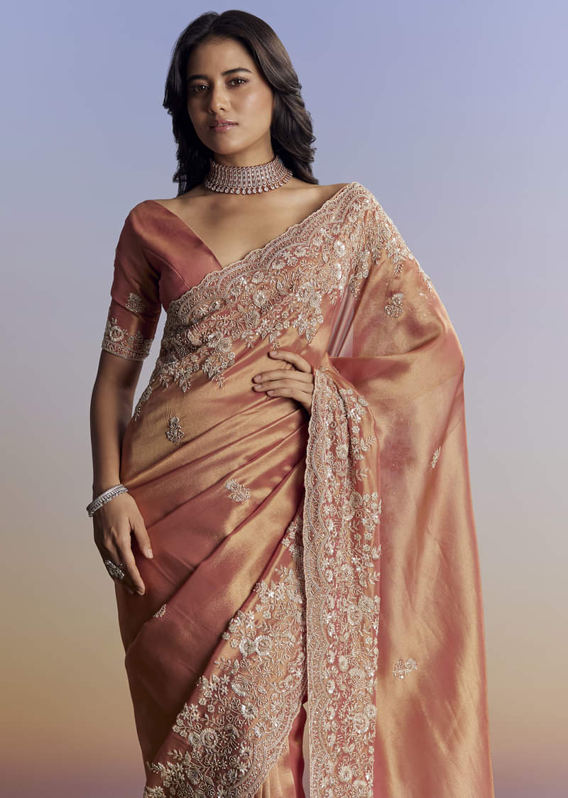 Rust Orange Tissue Saree With Floral Embroidery In Cutdana Sequins And Beads - Image 5